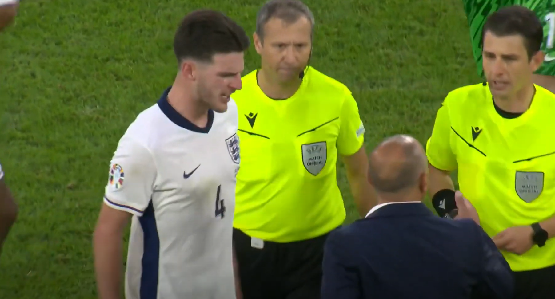 UEFA Euro 2024: England v Slovakia; Declan Rice confronted by Slovakian manager.