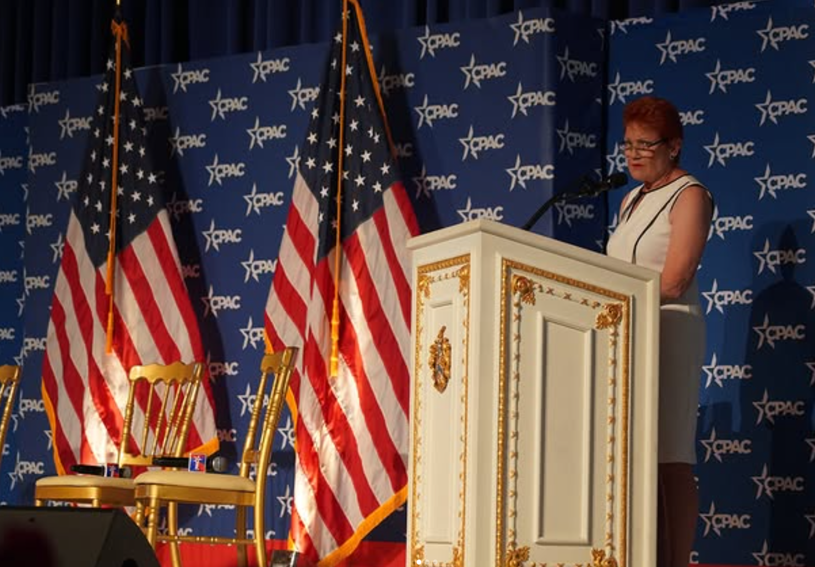 Pauline Hanson has bemoaned Australia and lauded US President Donald Trump ﻿during a speech at his Mar-a-Lago resort in Florida.