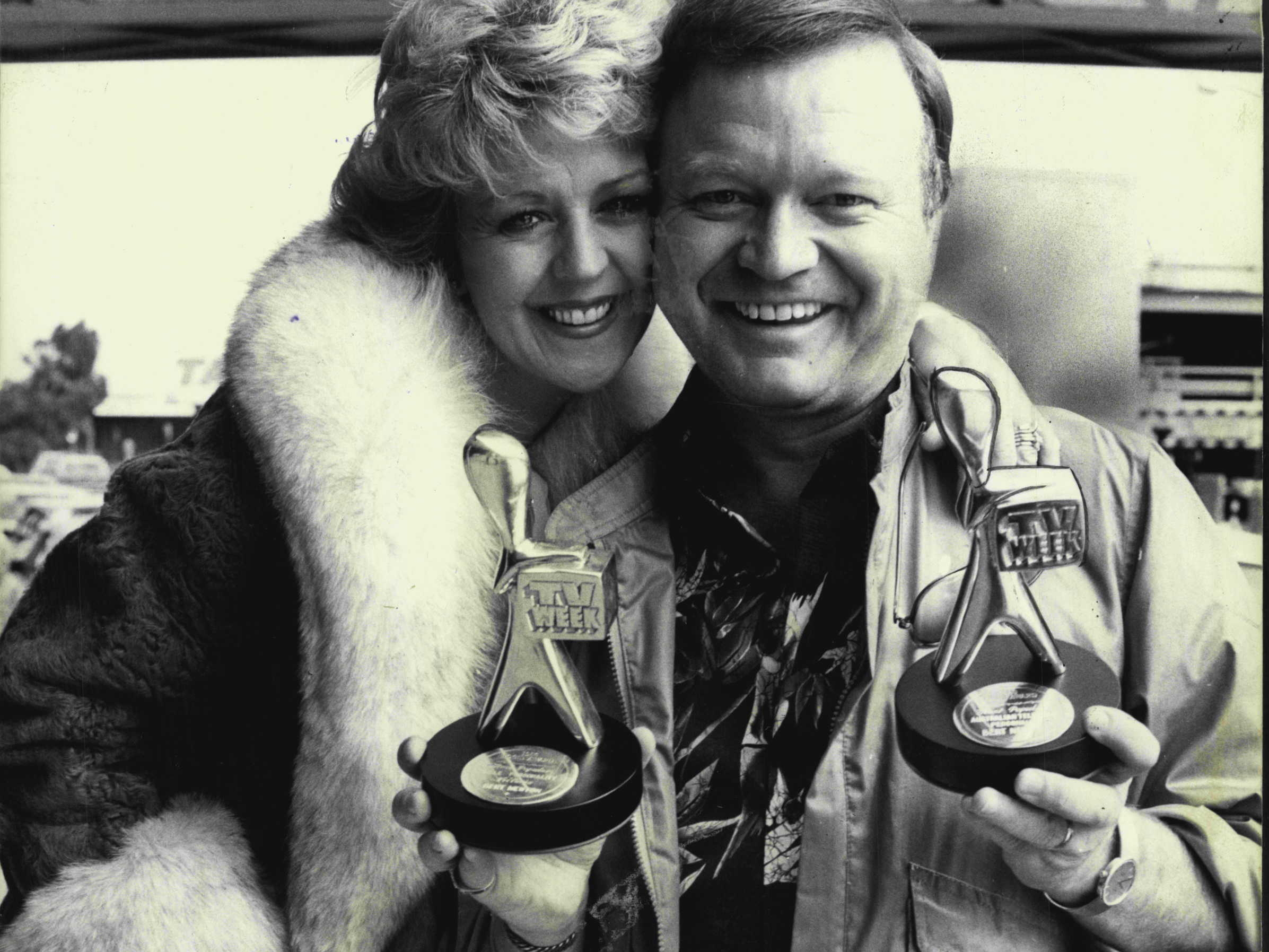 Bert and Pattie after winning his second  Logie for his show Sale of the Century in April, 1981.