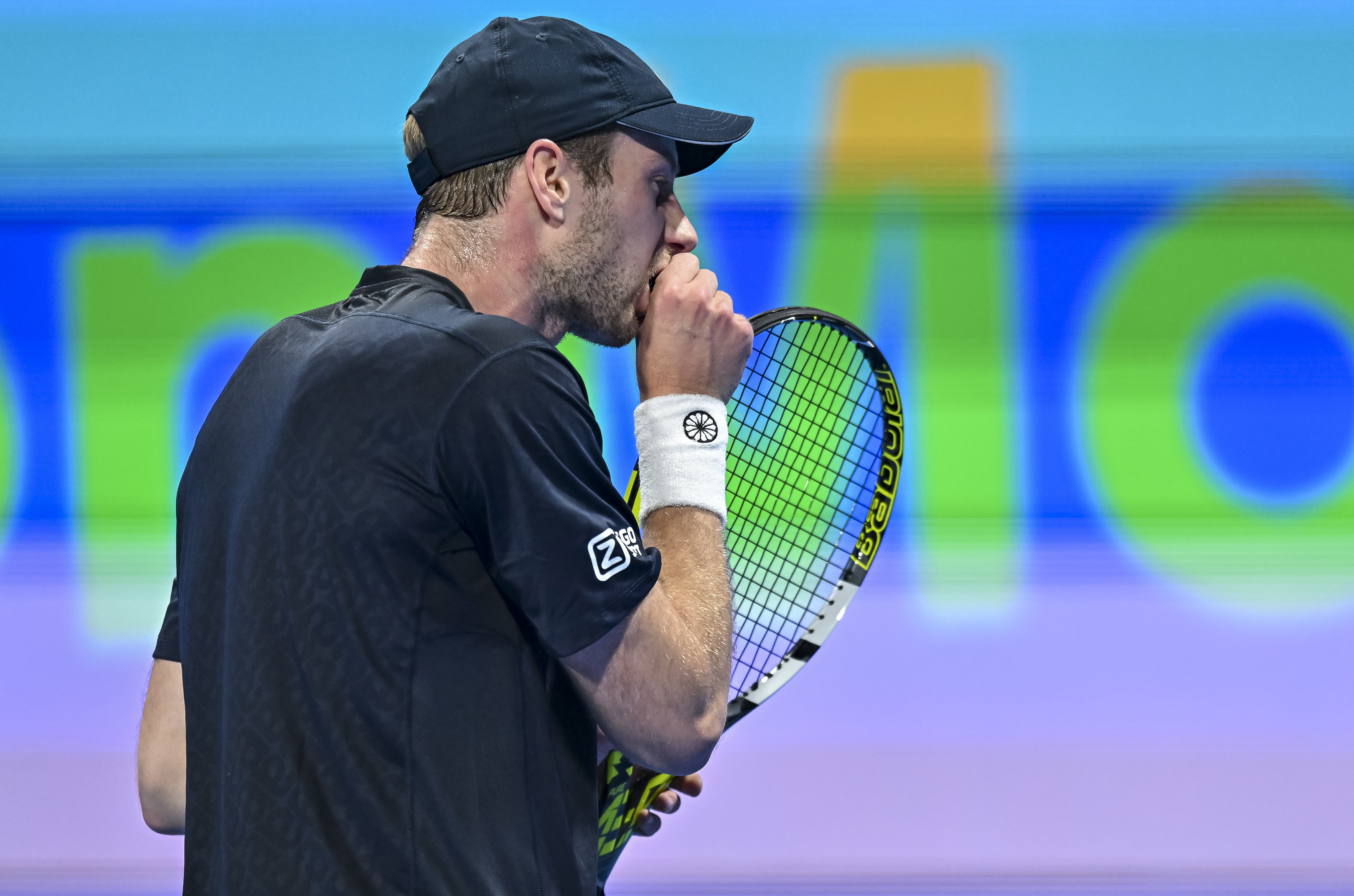 Botic Van De Zandschulp reacts while playing Gael Monfils at the 2024 Qatar Open.