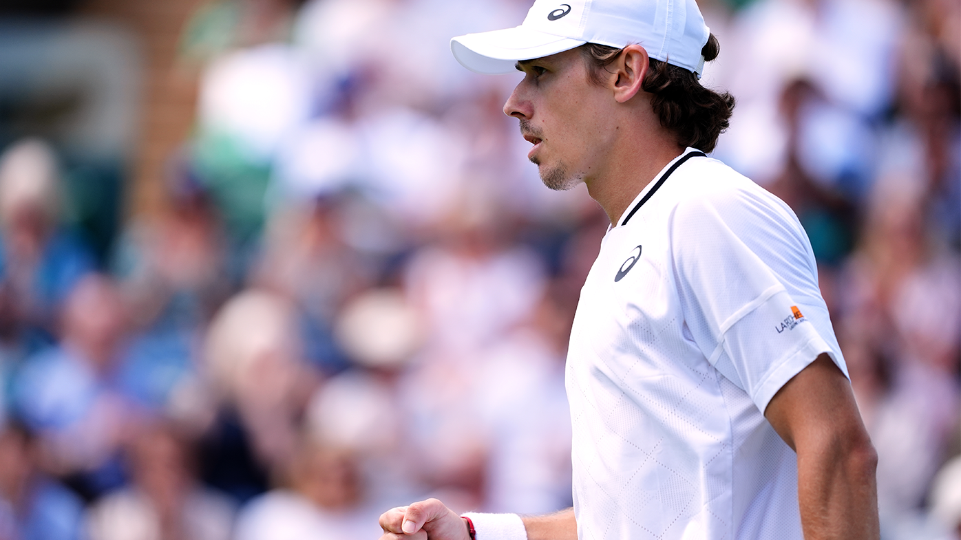 Alex De Minaur reacts during his second-round match against Jaume Munar at Wimbledon.