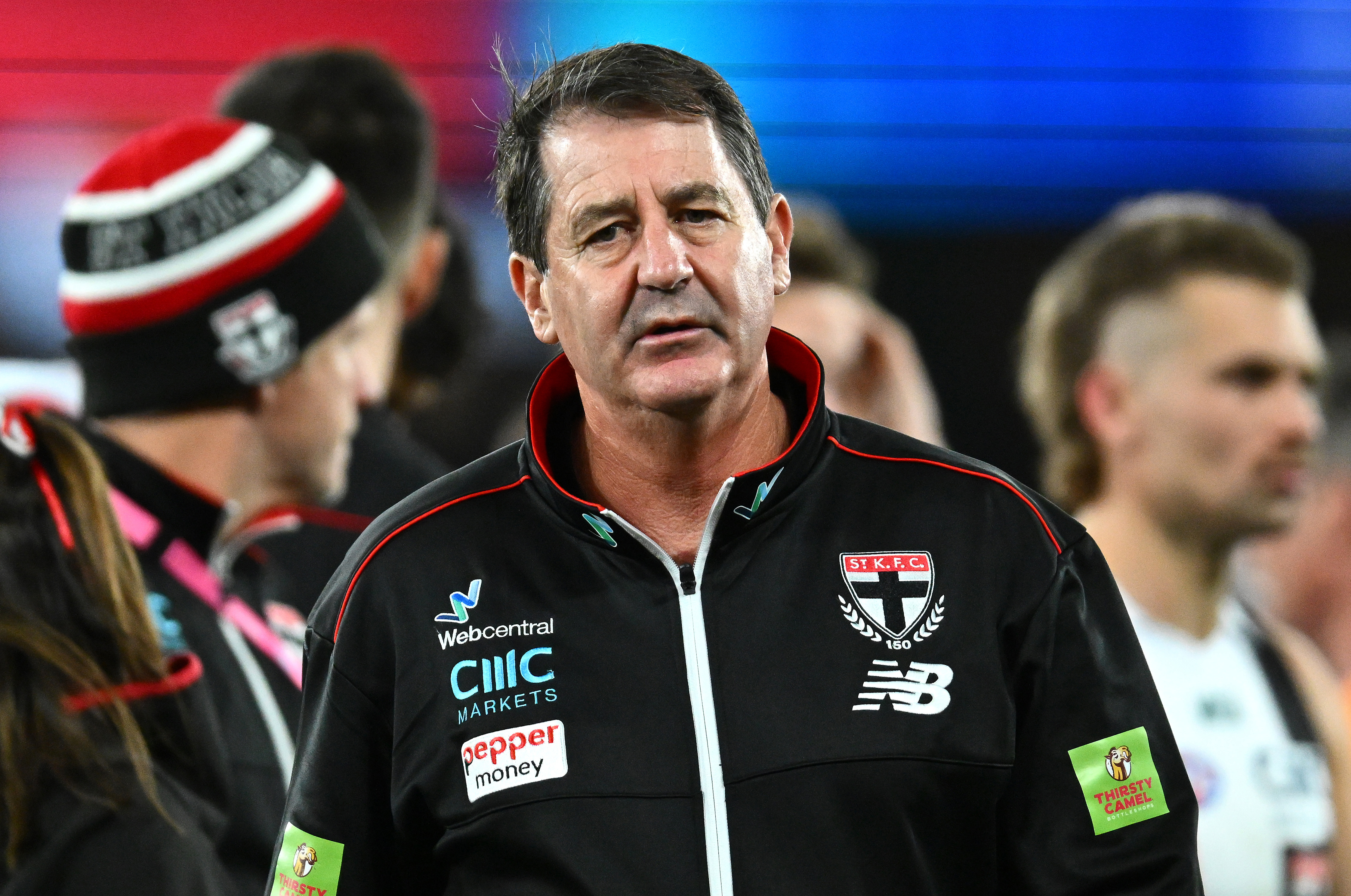 MELBOURNE, AUSTRALIA - JUNE 23: Saints head coach Ross Lyon walks away from talking to his players during the round 14 AFL match between St Kilda Saints and Brisbane Lions at Marvel Stadium, on June 23, 2023, in Melbourne, Australia. (Photo by Quinn Rooney/Getty Images)