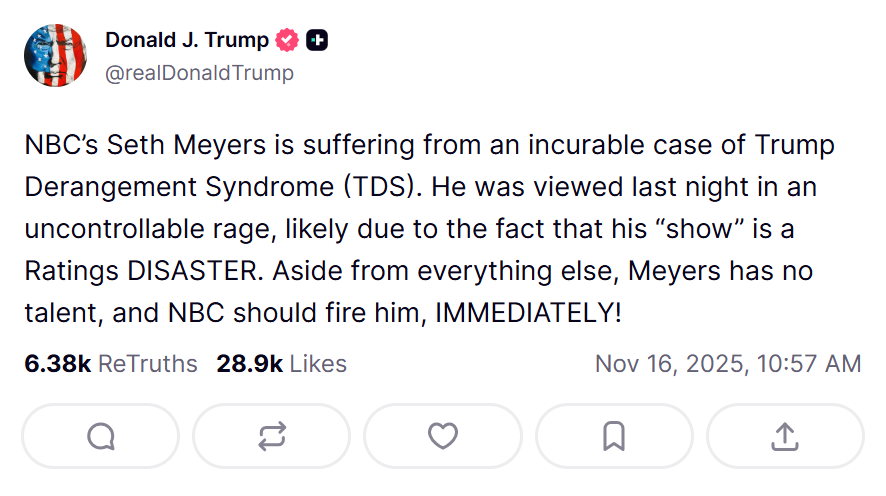 Donald Trump calls for Seth Meyers to be fired