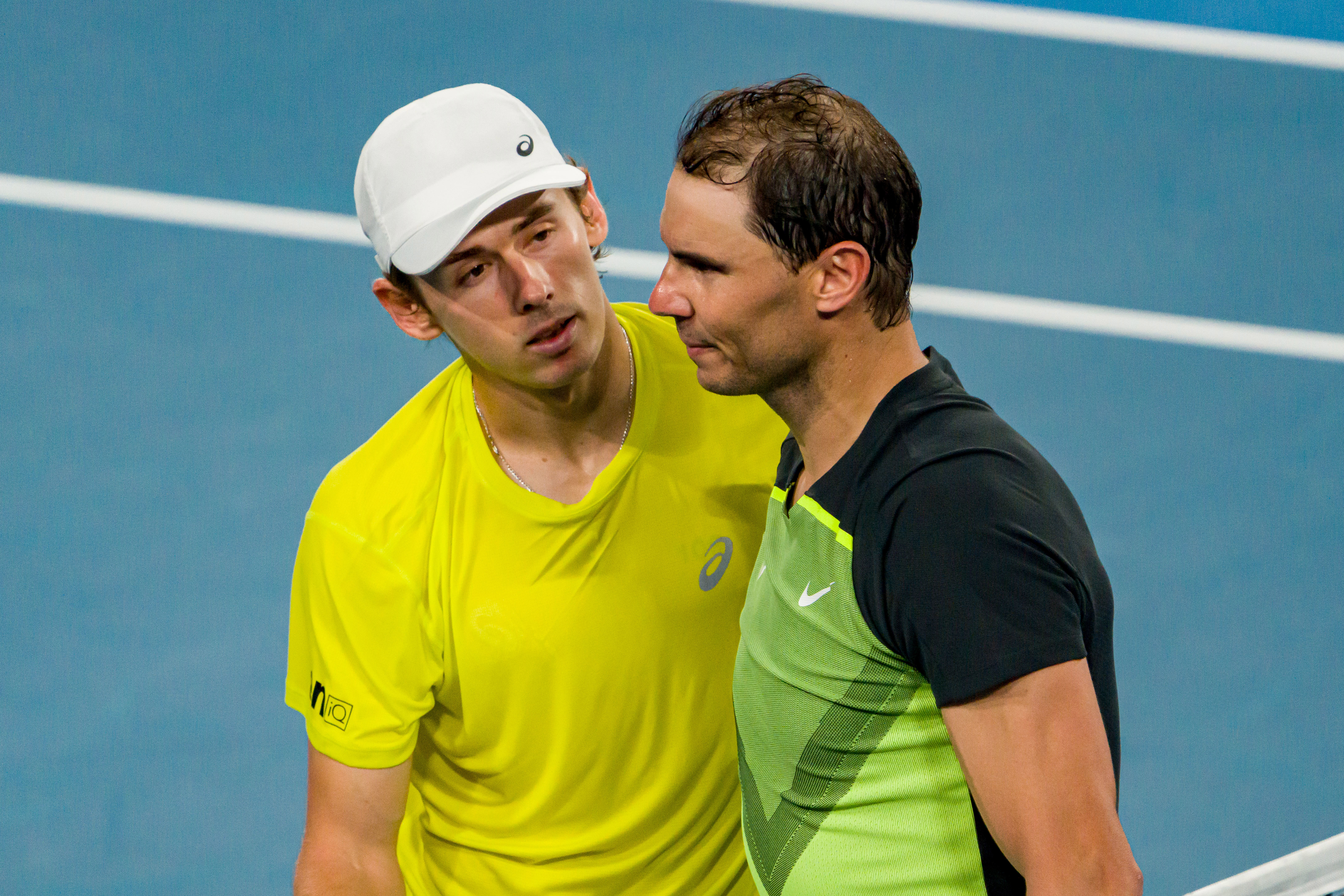 Alex de Minaur consoles Rafael Nadal after beating the Spaniard during a United Cup tie between Australia and Spain