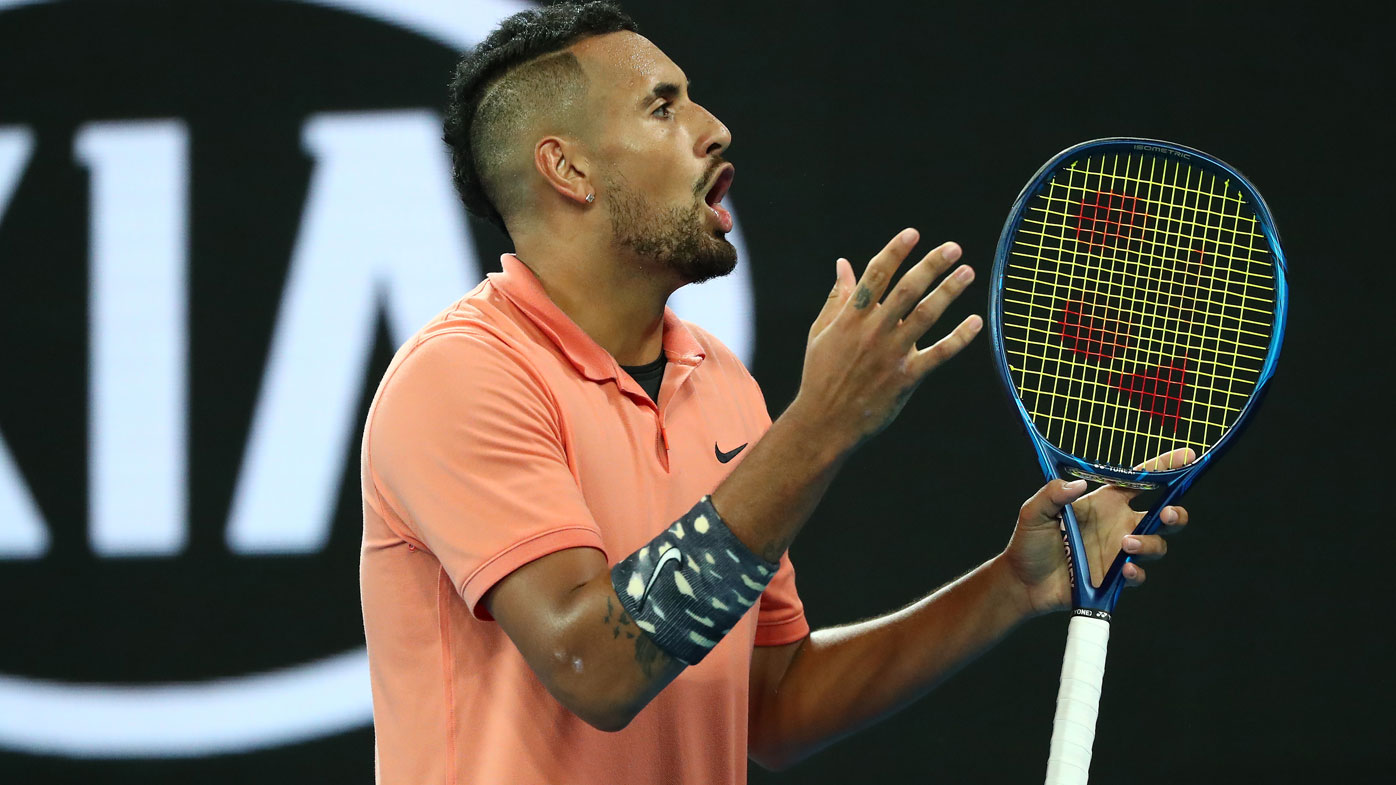 Nick Kyrgios of Australia shouts at fans to be quiet during his Men's Singles third round match against Karen Khachanov of Russia on day six of the 2020 Australian Open at Melbourne Park on January 25, 2020 in Melbourne, Australia