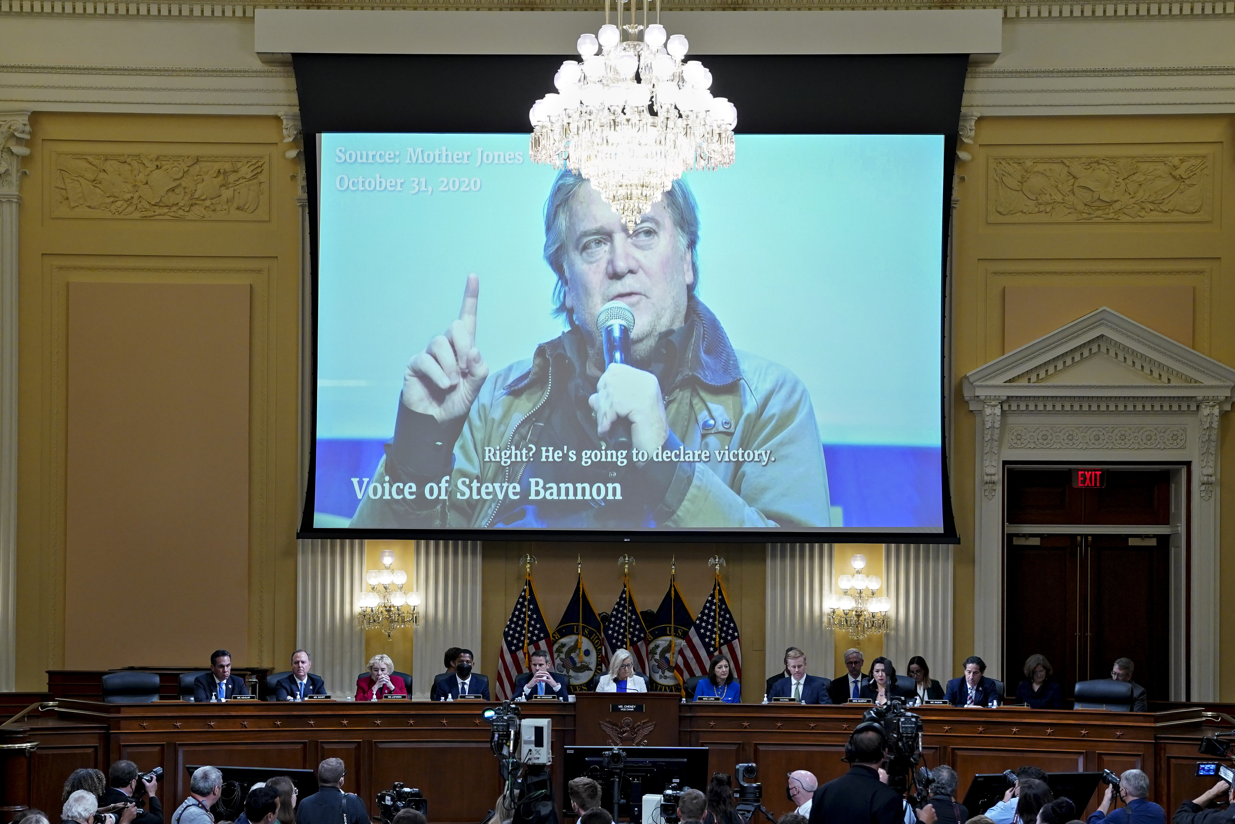 A committee exhibit showing former White House strategist Steve Bannon, as the House select committee investigating the Jan. 6 attack on the U.S. Capitol holds a hearing at the Capitol in Washington, Tuesday, July 12, 2022. (Al Drago/Pool via AP)