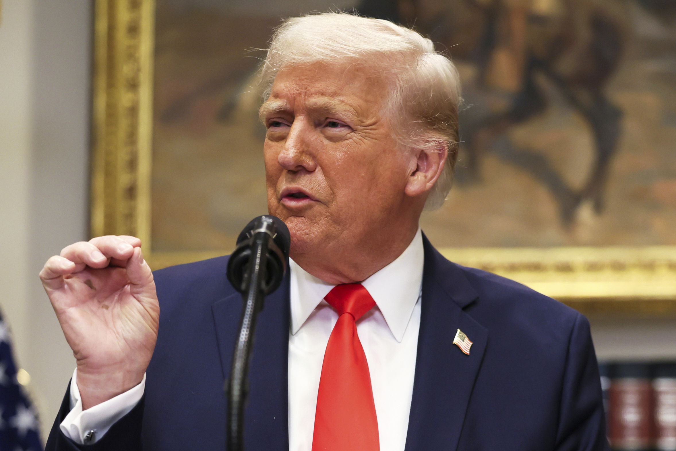 President Donald Trump speaks in the Roosevelt Room of the White House in Washington, Monday, March 3, 2025. (Pool via AP)