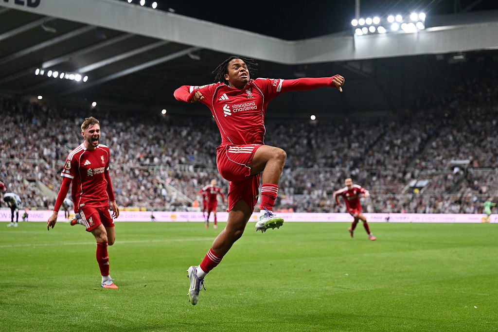 Rio Ngumoha of Liverpool celebrates scoring his team's third goal.