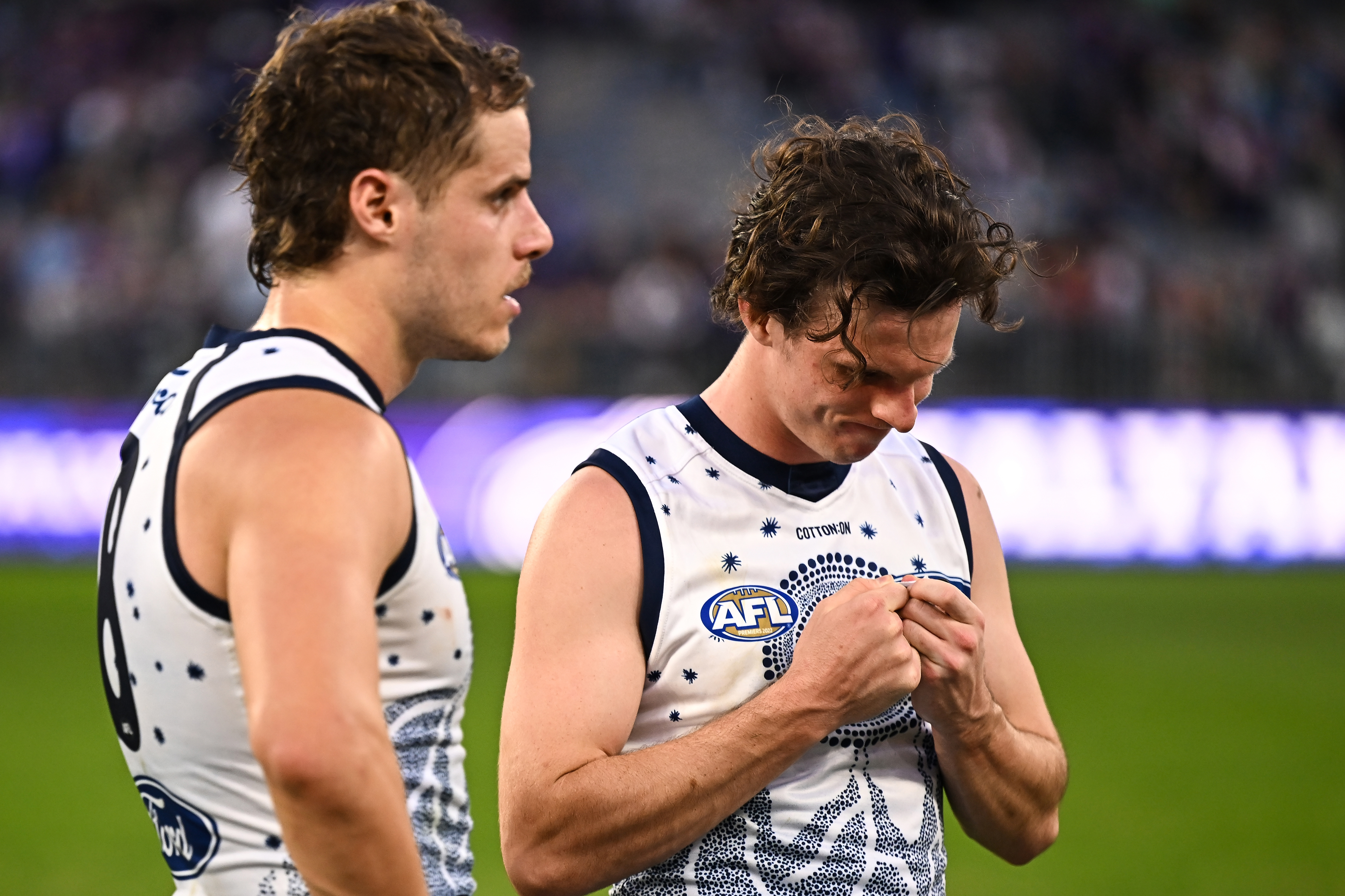PERTH, AUSTRALIA - MAY 20: Max Holmes of the Cats looks dejected after a loss during the 2023 AFL Round 10 match between Walyalup/Fremantle Dockers and the Geelong Cats at Optus Stadium on May 20, 2023 in Perth, Australia. (Photo by Daniel Carson/AFL Photos)