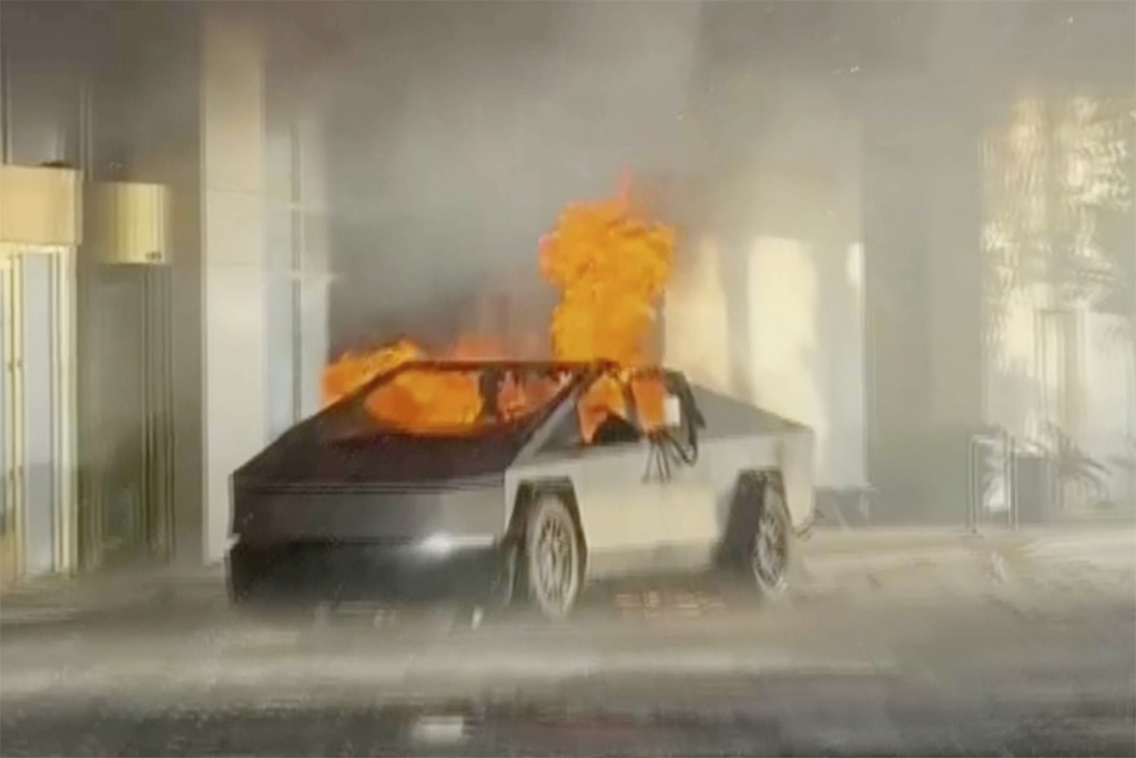 This image provided by Alcides Antunes shows a Tesla Cybertruck that exploded outside President-elect Donald Trump's Las Vegas hotel early Wednesday, Jan. 1, 2025. (Alcides Antunes via AP)