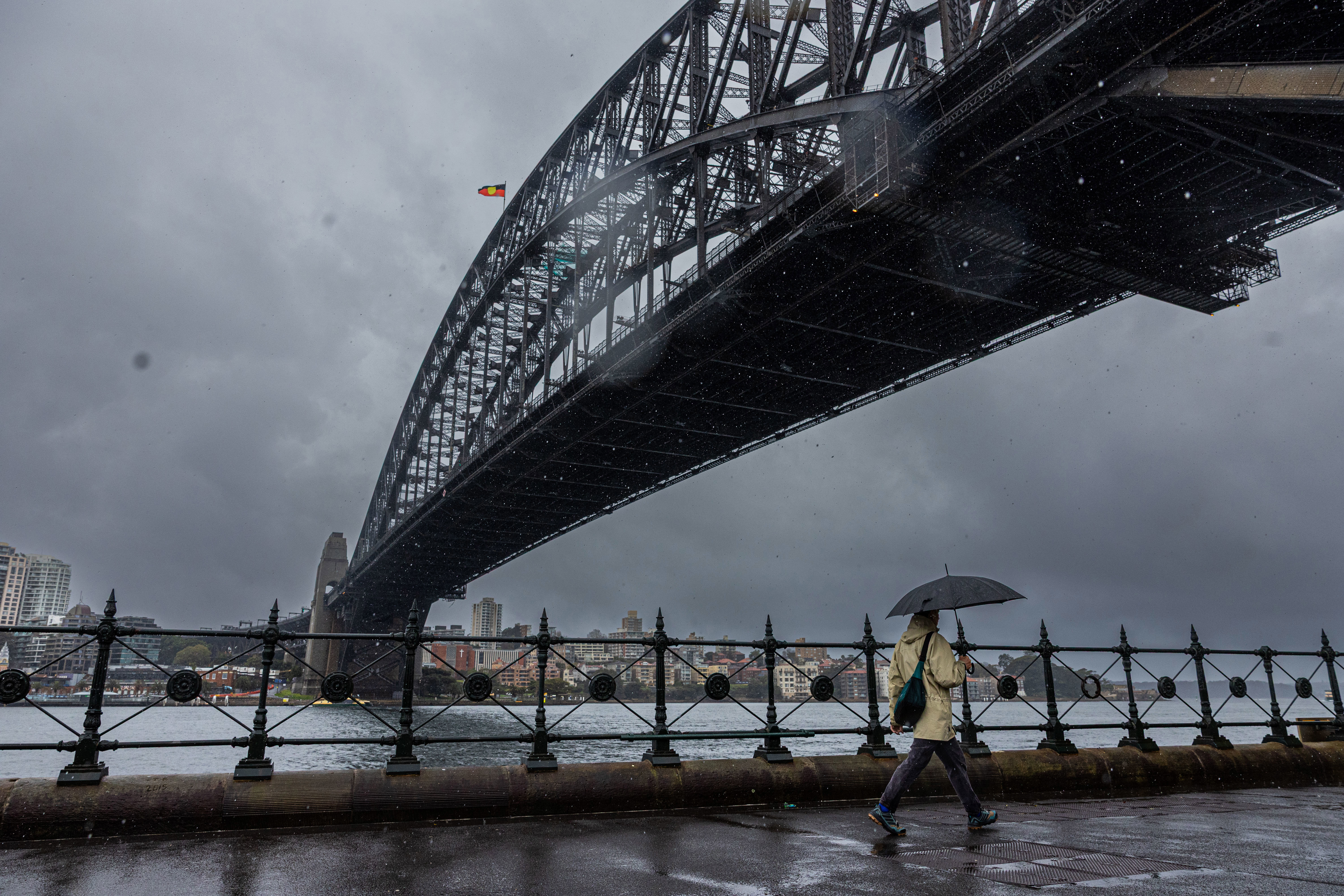 The Sydney Harbour Bridge during a rainy day in August 2025.