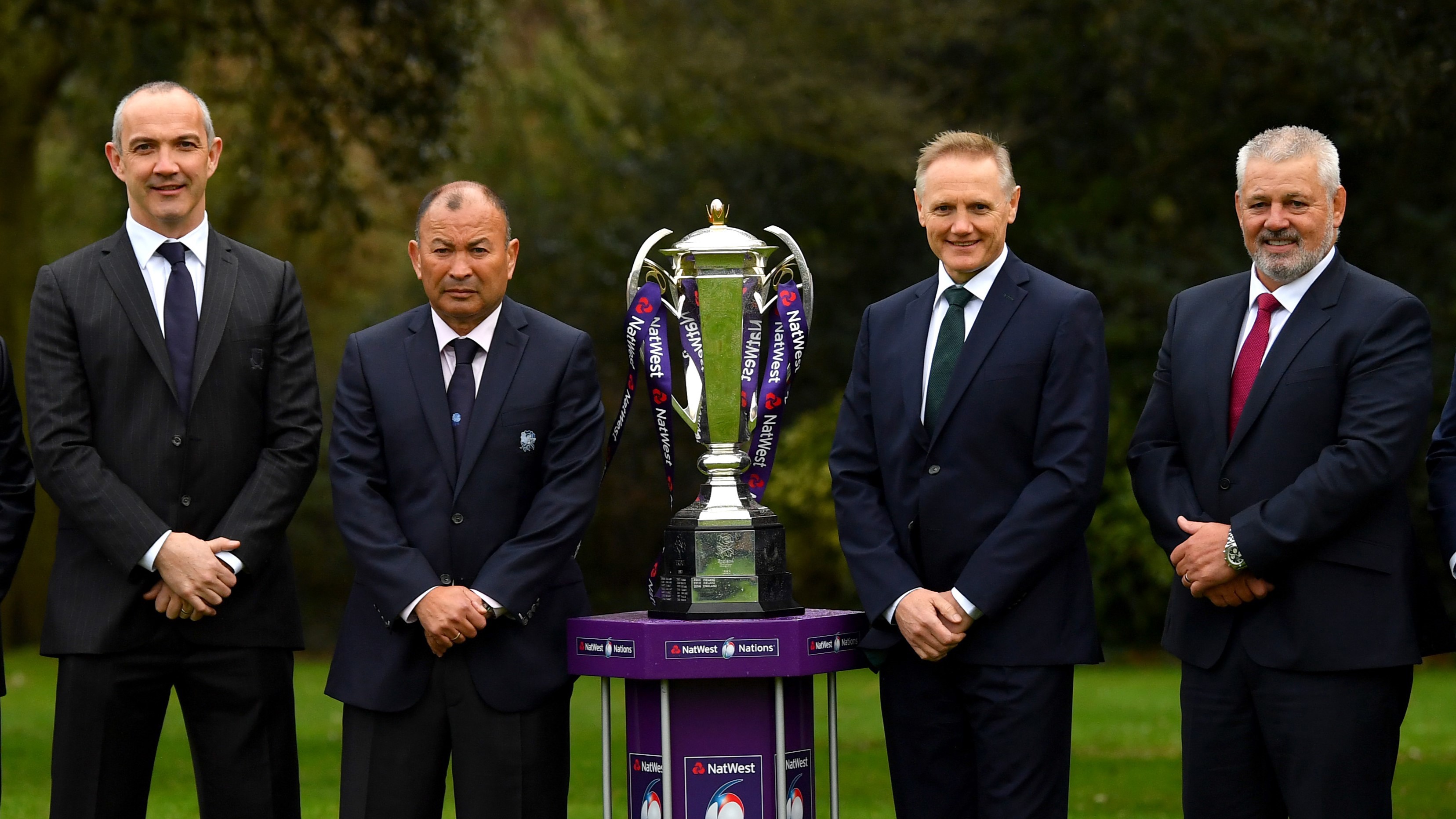 (From left) Conor O'Shea, Eddie Jones, Joe Schmidt, and Warren Gatland pose with the trophy during the Six Nations launch in 2018.