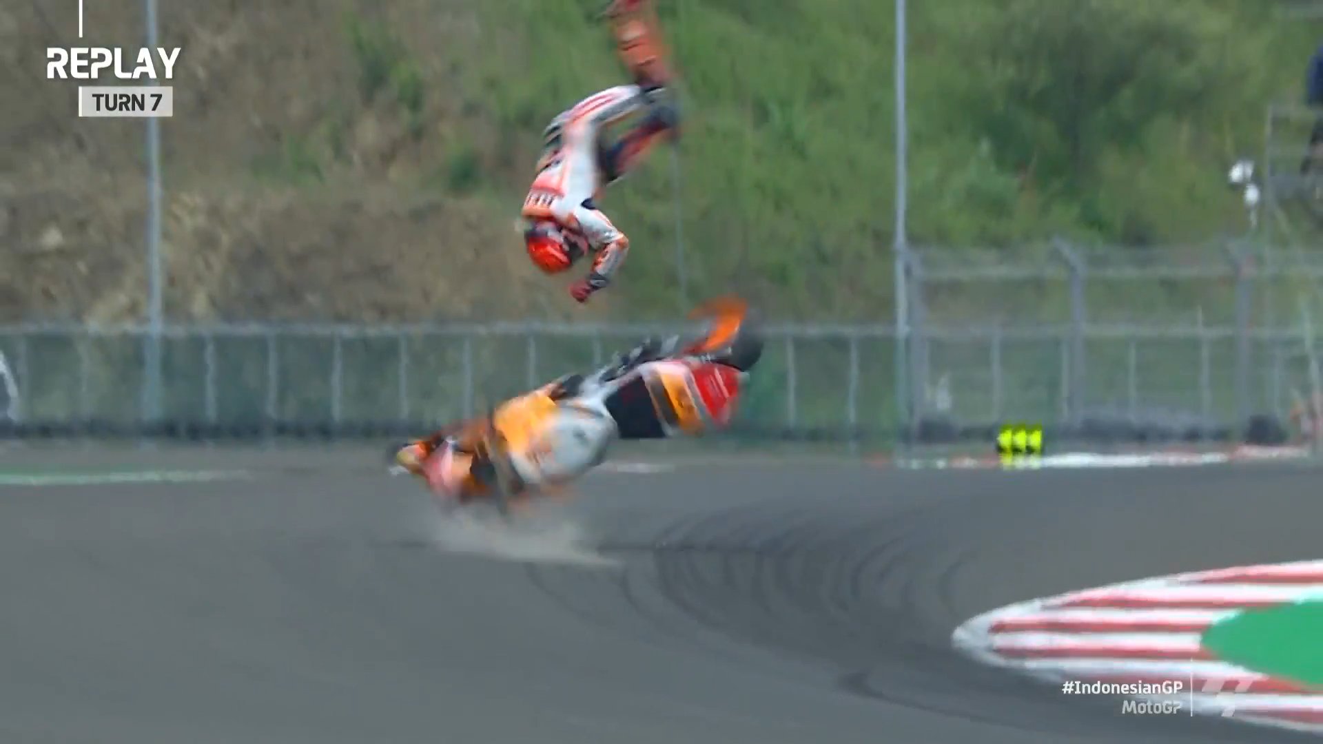 Marc Marquez experiences a massive highside accident which sees him flung into the air.