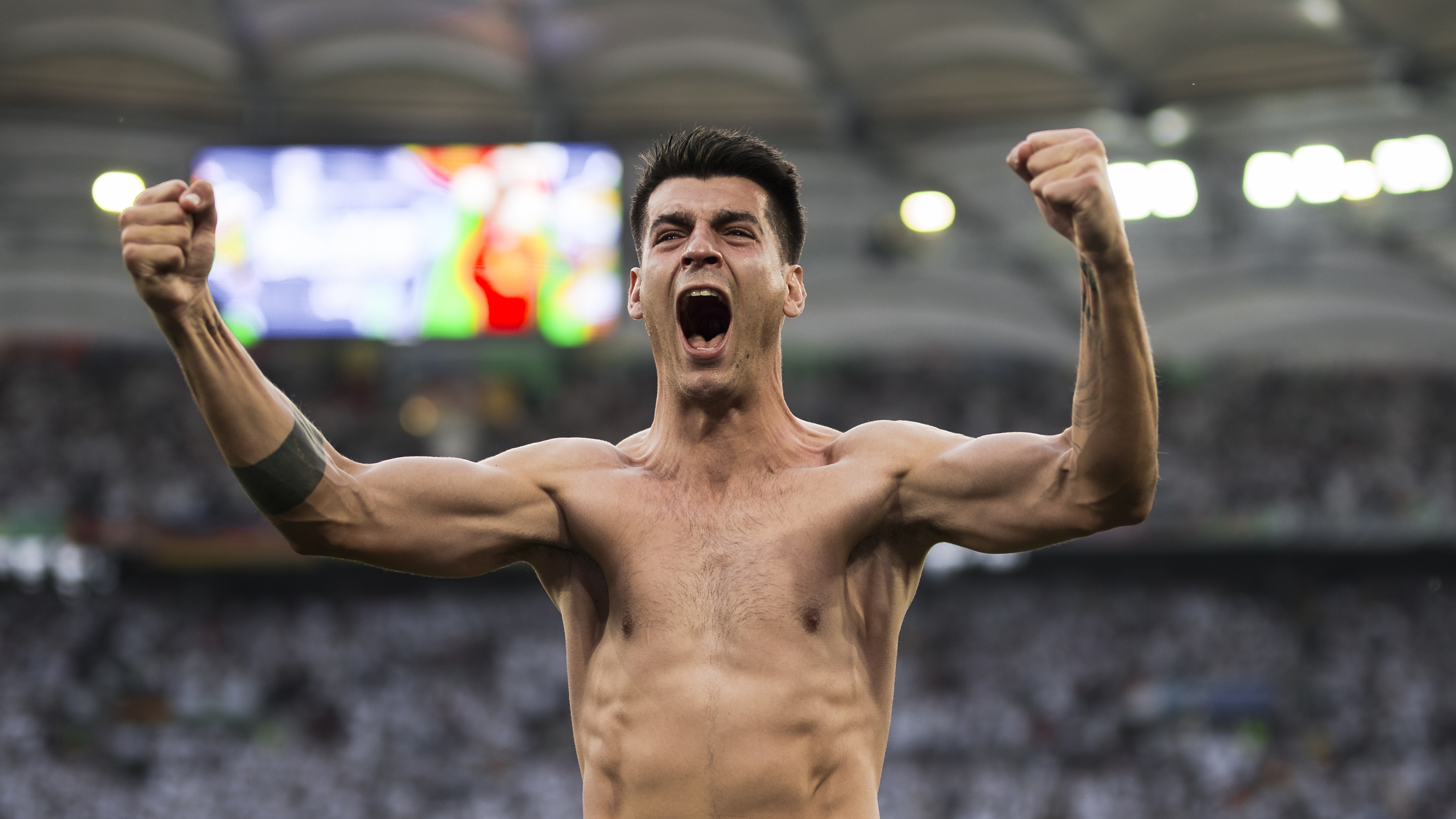 Alvaro Morata of Spain celebrates the victory at the end of the UEFA EURO 2024 quarter-final football match between Spain and Germany. Spain won 2-1 over Germany after extra time. (Photo by Nicolò Campo/LightRocket via Getty Images)