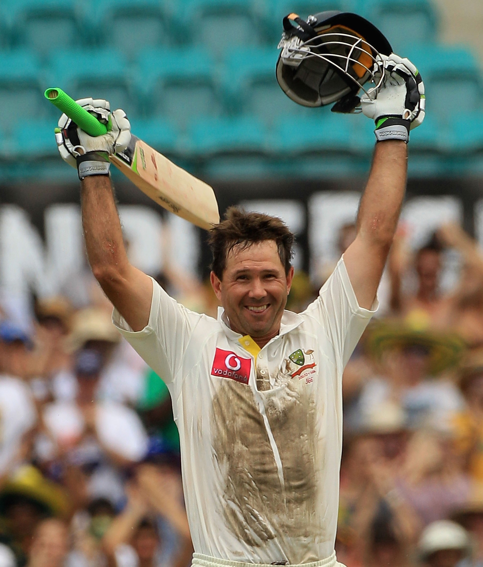 Ricky Ponting celebrates his drought-breaking century at the SCG, against India in January 2012.