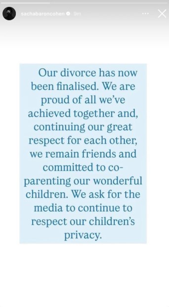 Sacha Baron Cohen Isla Fisher divorce statement