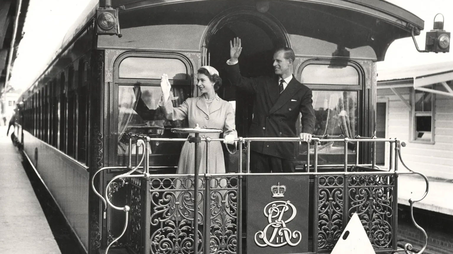 The Queen and Prince Philip on the royal train at Central Station, Sydney.