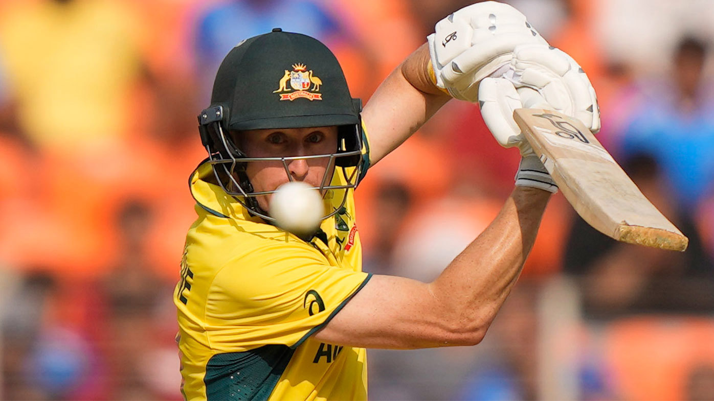 Australia's Marnus Labuschagne bats during the ICC Men's Cricket World Cup match between Australia and England in Ahmedabad, India, Saturday, Nov. 4, 2023. (AP Photo/Mahesh Kumar A.)
