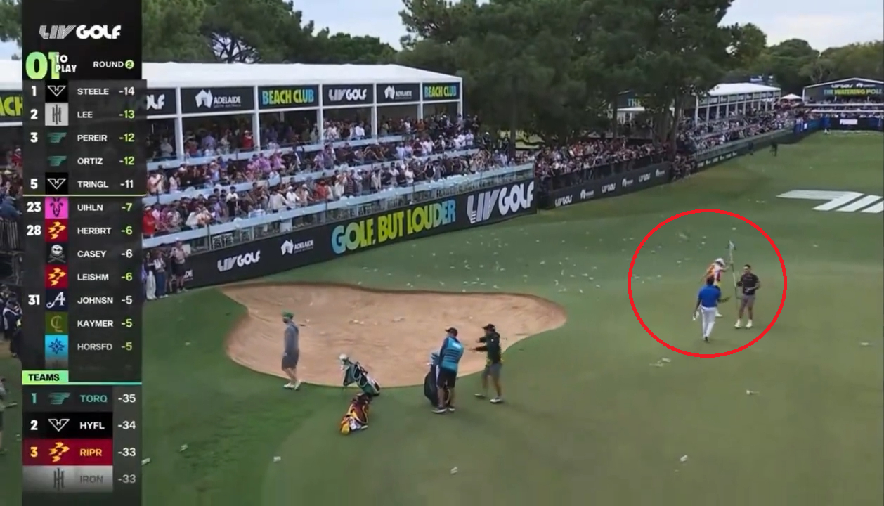 Lucas Hubert's caddie was hit in the head by a full water bottle at LIV Golf Adelaide.
