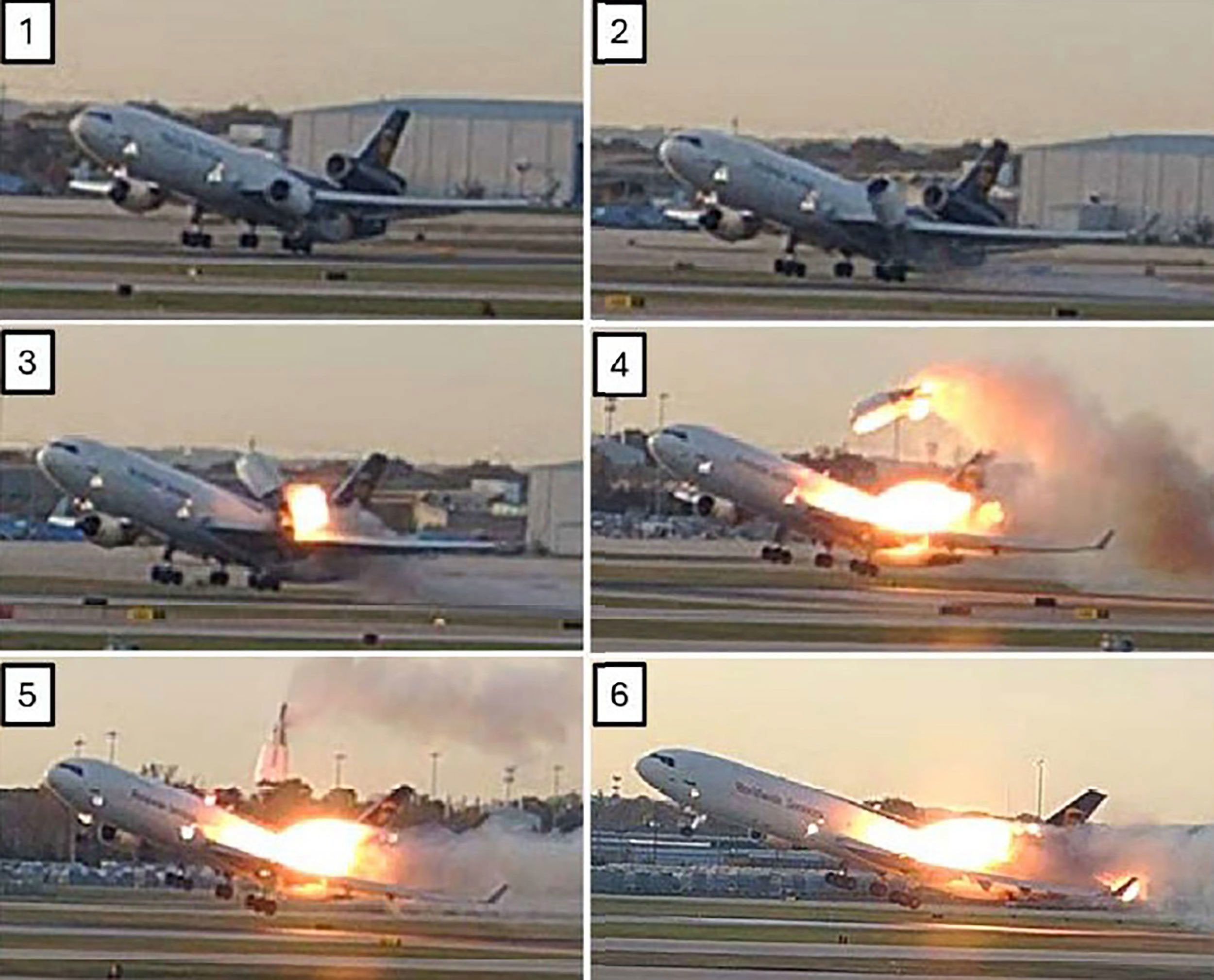 Still images from an airport surveillance video showing the left engine and left pylon separation from the left wing.