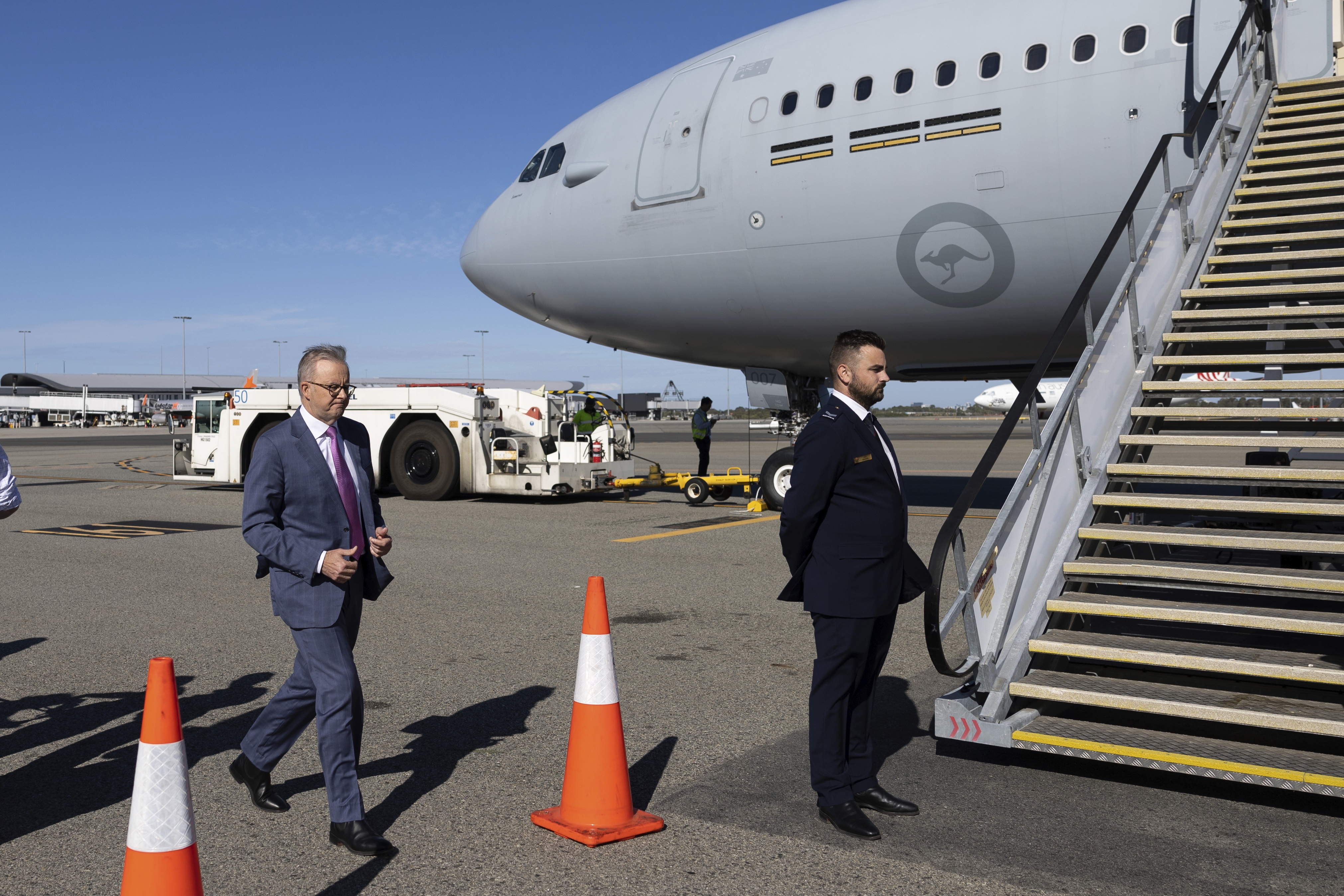 Prime Minister Anthony Albanese boards a plane for his visit to India, at Perth Airport on Wednesday 8 March 2023.