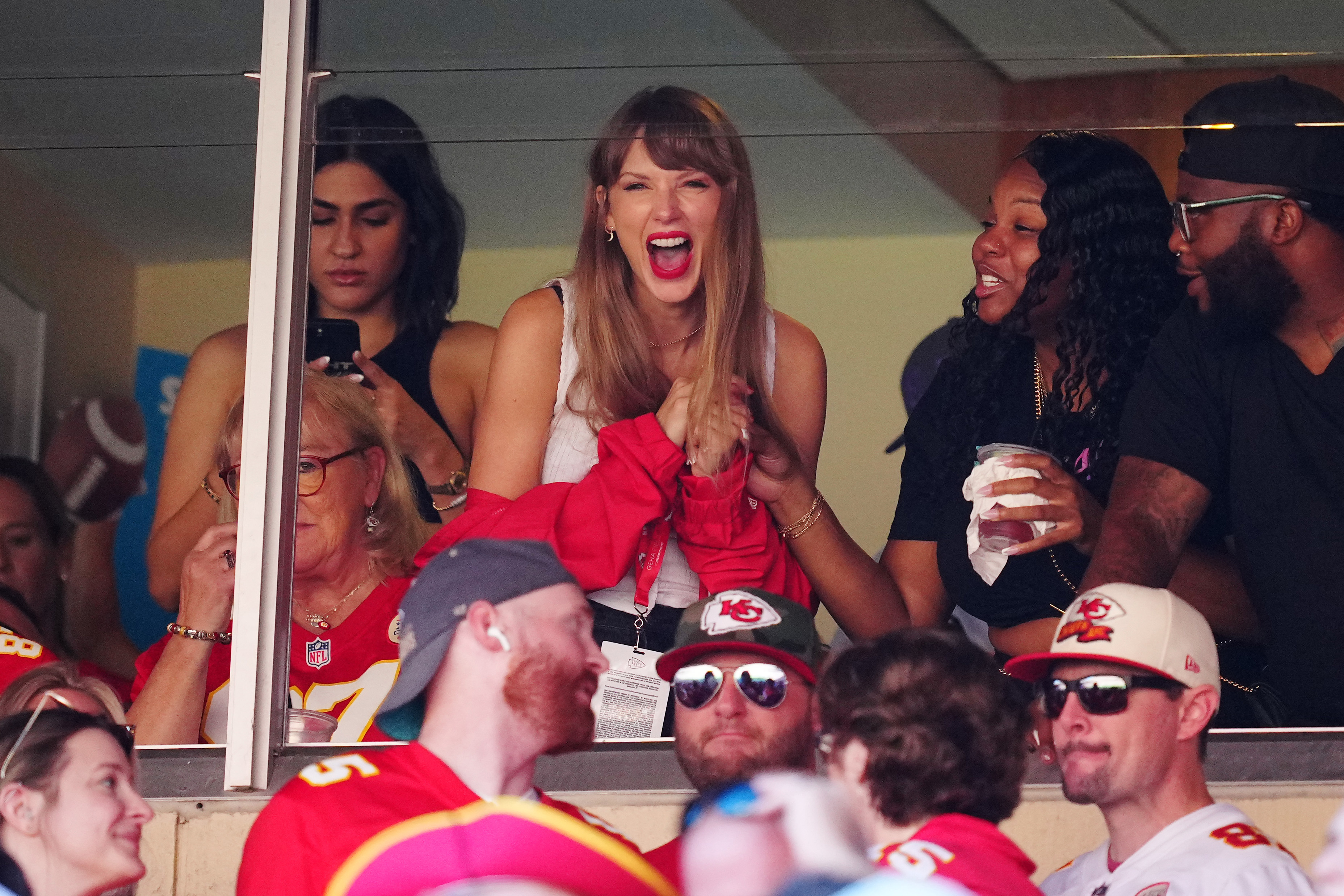 Taylor Swift reacts during the first half of a game between the Chicago Bears and the Kansas City Chiefs - Travis Kelce's team - on September 24, 2023 in Kansas City, Missouri.