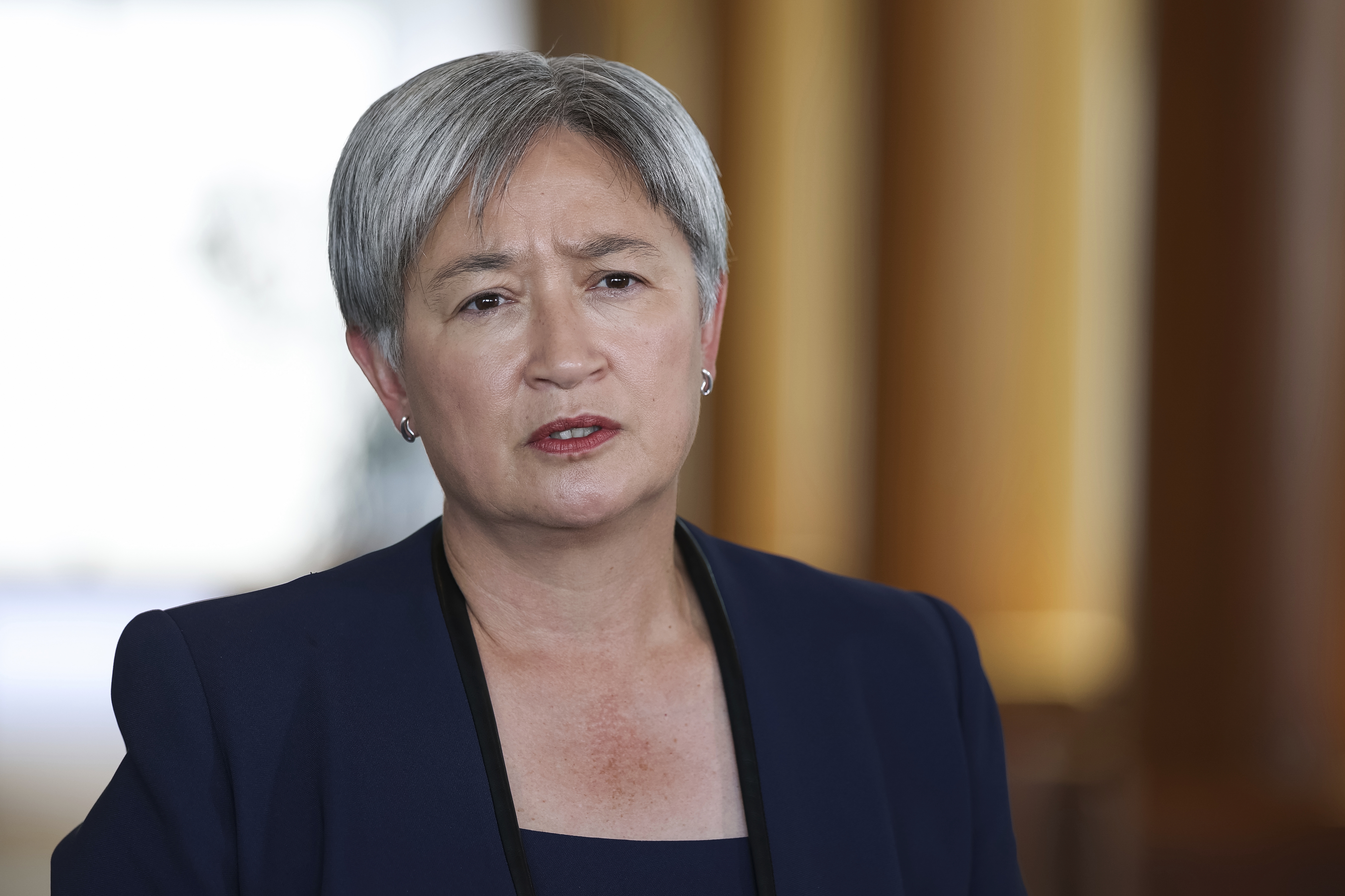 Leader of the Government in the Senate and Minister for Foreign Affairs Penny Wong during a press conference at Parliament House in Canberra on Wednesday 4 March 2026. fedpol Photo: Alex Ellinghausen