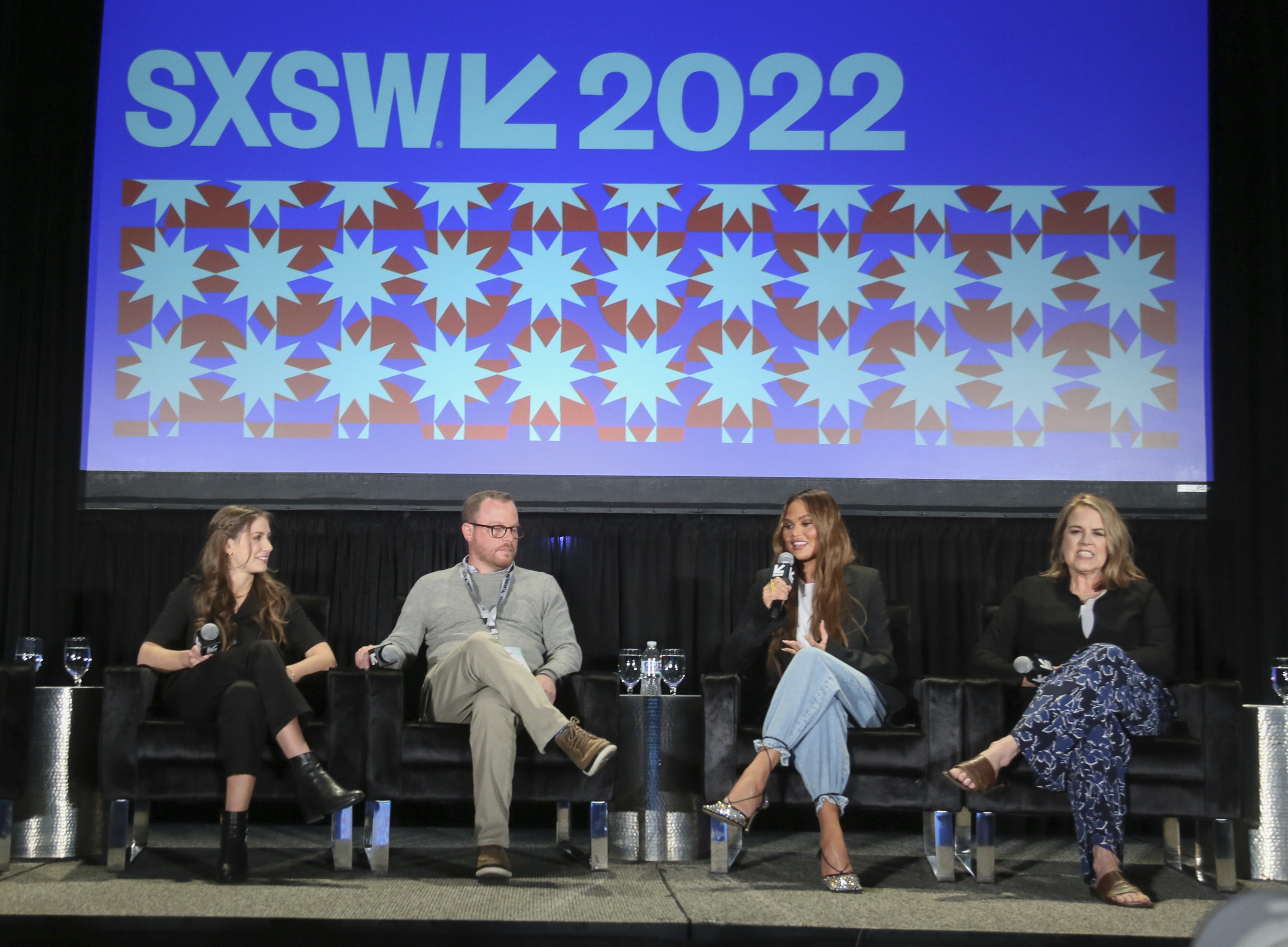 Nile Cappello, Ross Dinerstein, Chrissy Teigen and Marina Zenovich, from left, take part in the Featured Session: Examining The Way Down: God, Greed, and the Cult of Gwen Shamblin at the Austin Convention Center during the South by Southwest Interactive Festival on Saturday, March 12, 2022, in Austin, Texas. 