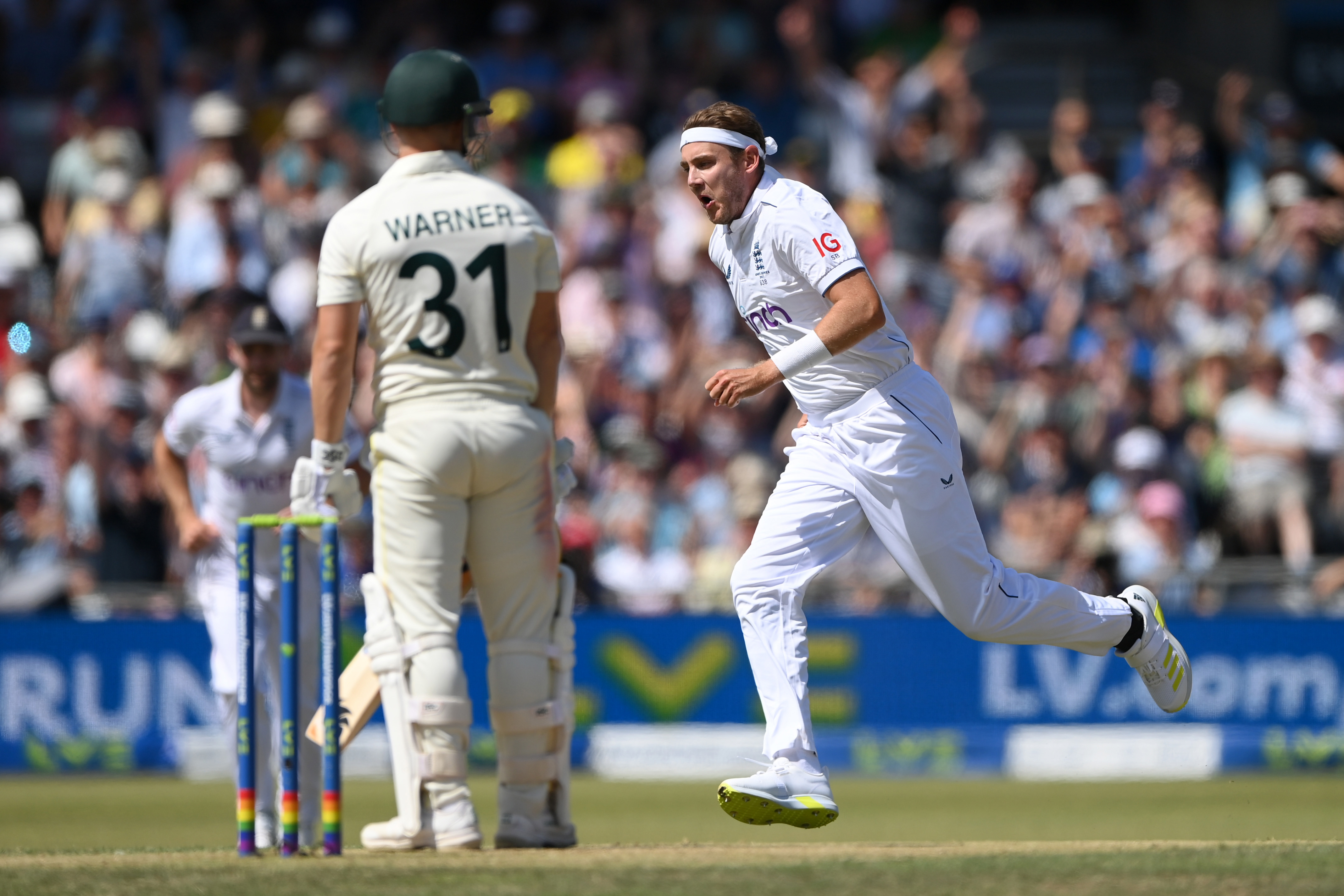 Stuart Broad celebrates dismissing David Warner of during day two of the third Test between England and Australia at Headingley.