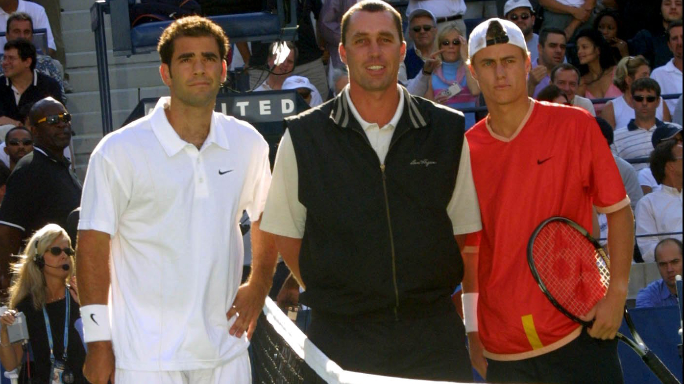 Ivan Lendl poses with Pete Sampras and Lleyton Hewitt prior to the 2001 Men's Final.