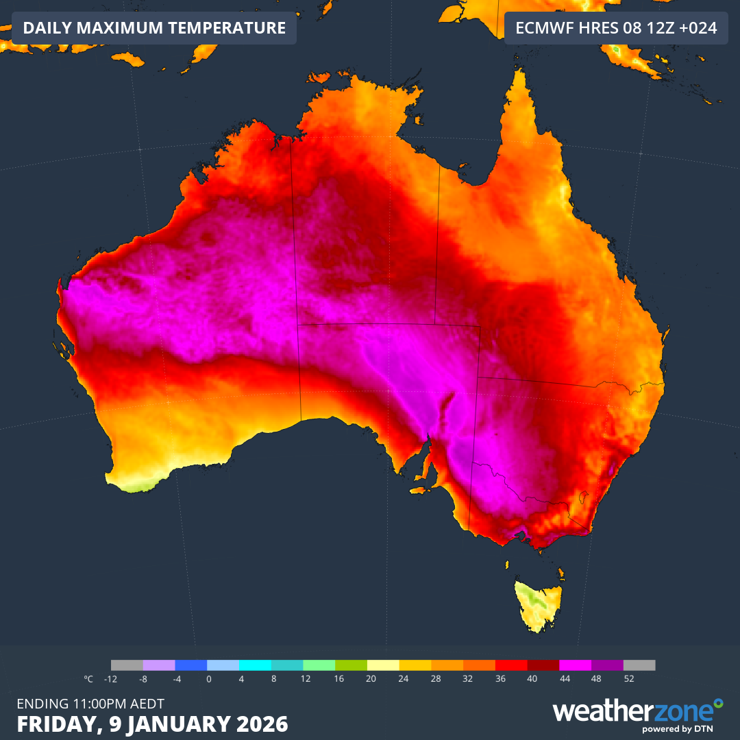 Temperatures are predicted to exceed 40°C over a broad area of Australia on Friday.