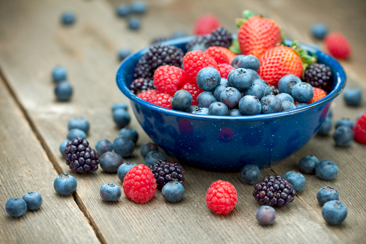 Strawberries, blackberries, blueberries and raspberries in a bowl