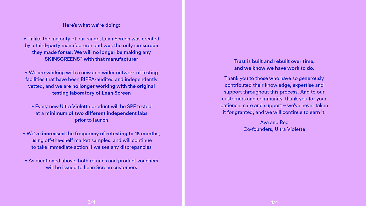 The second half of the Ultra Violette Lean Screen statement.
