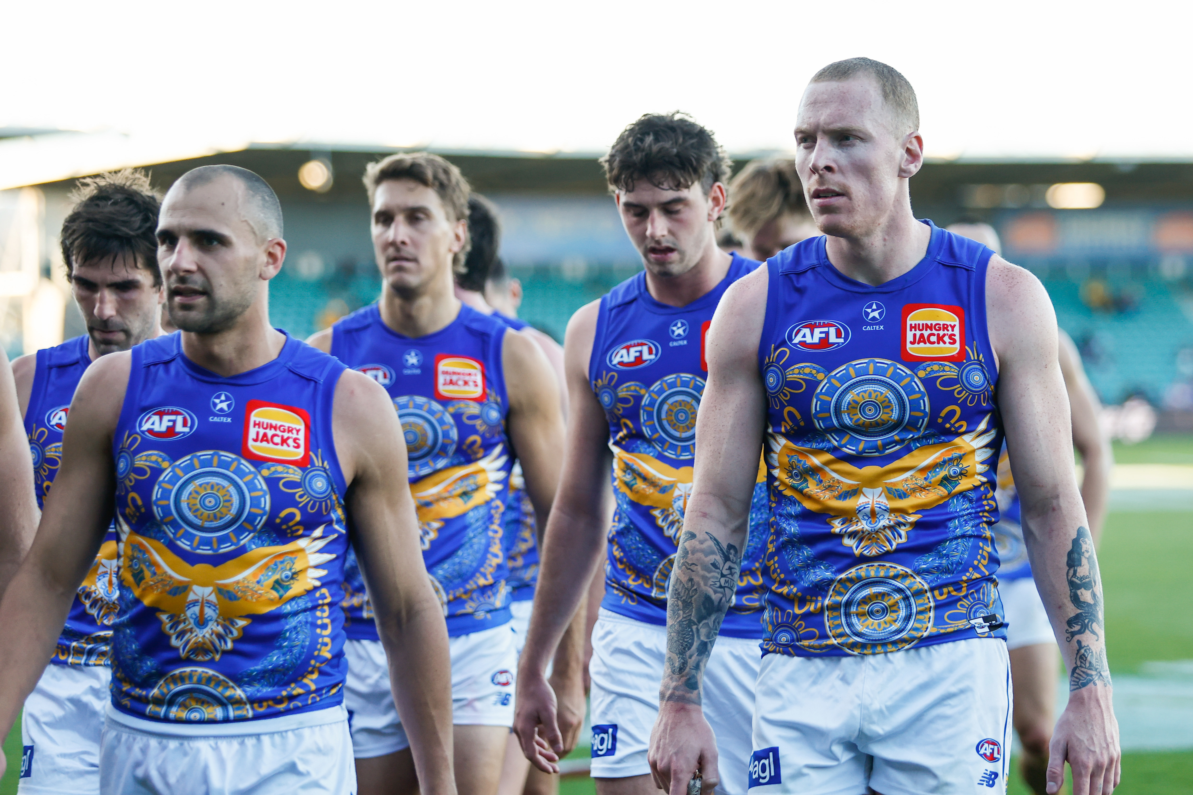 LAUNCESTON, AUSTRALIA - MAY 21: Bailey J. Williams of the Eagles looks dejected after a loss during the 2023 AFL Round 10 match between the Hawthorn Hawks and the West Coast Eagles at UTAS Stadium on May 21, 2023 in Launceston, Australia. (Photo by Dylan Burns/AFL Photos)