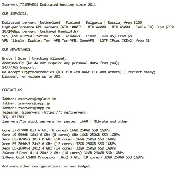 Zservers claimed to have been operating since 2011 and offered various hosting services to the cybercriminal underworld