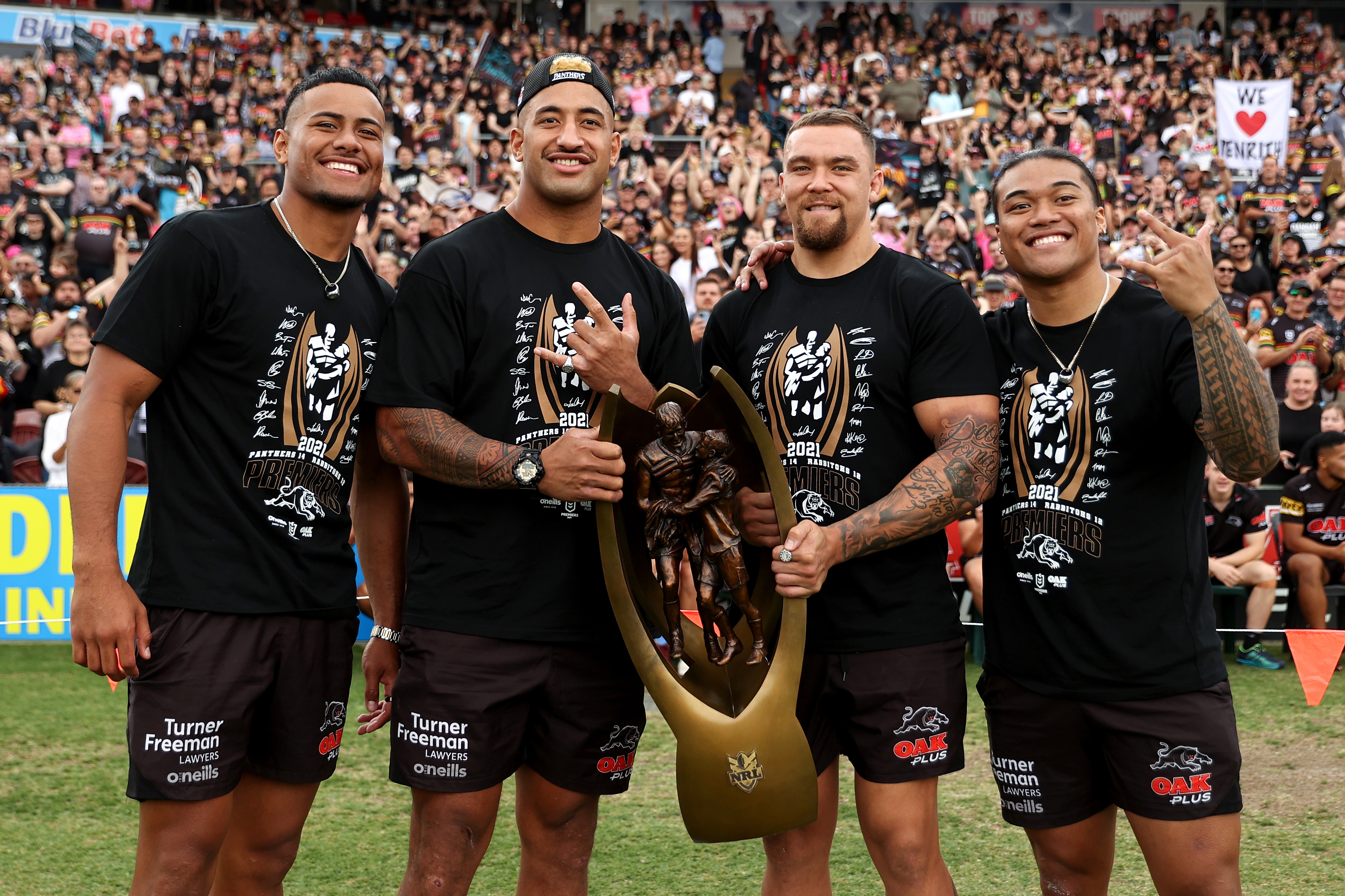Stephen Crichton, Viliame Kikau, James Fisher-Harris and Brian To'o  during the Penrith Panthers Grand Final Parade in 2021.