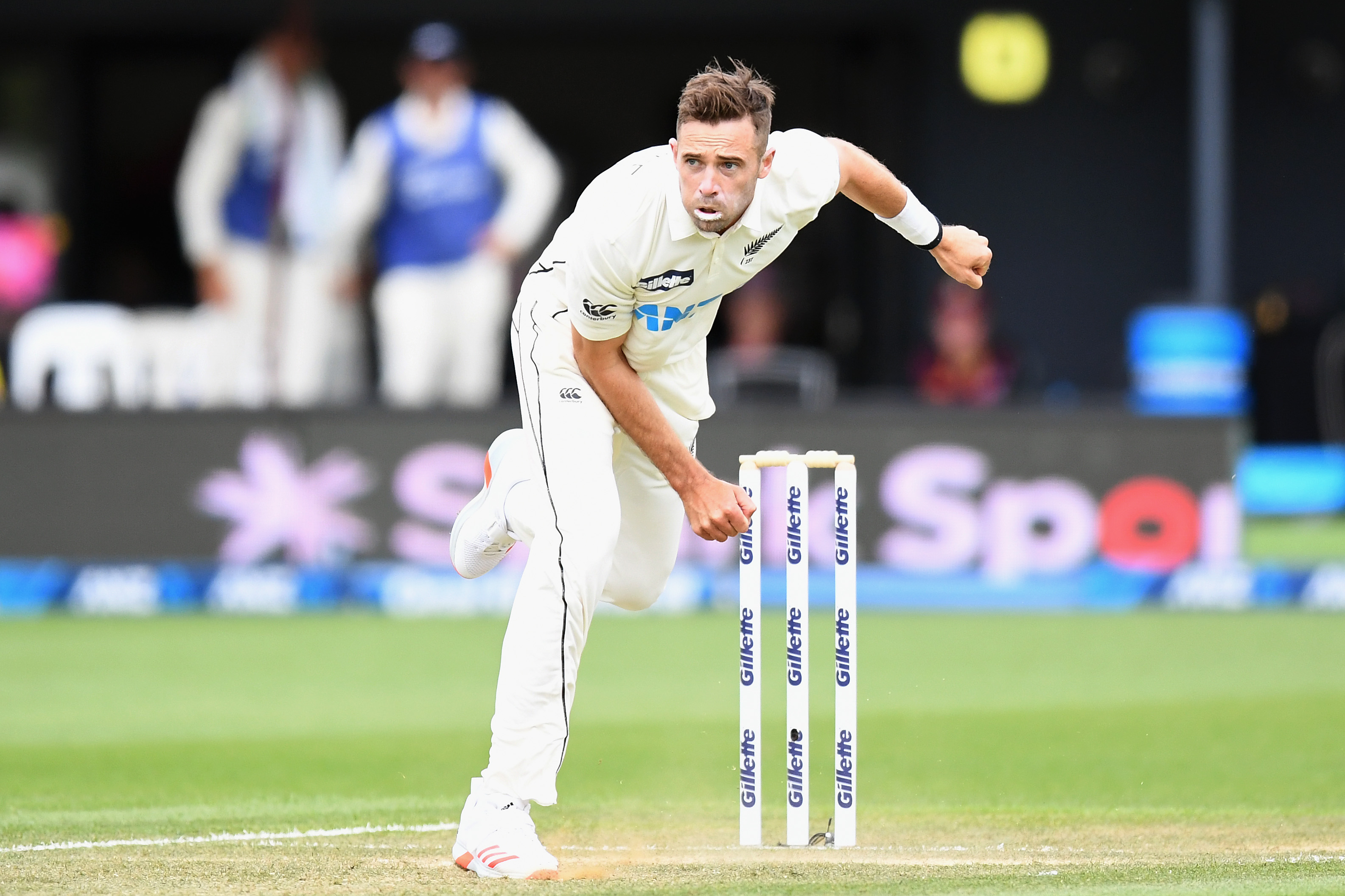 Tim Southee of New Zealand bowls during day three.