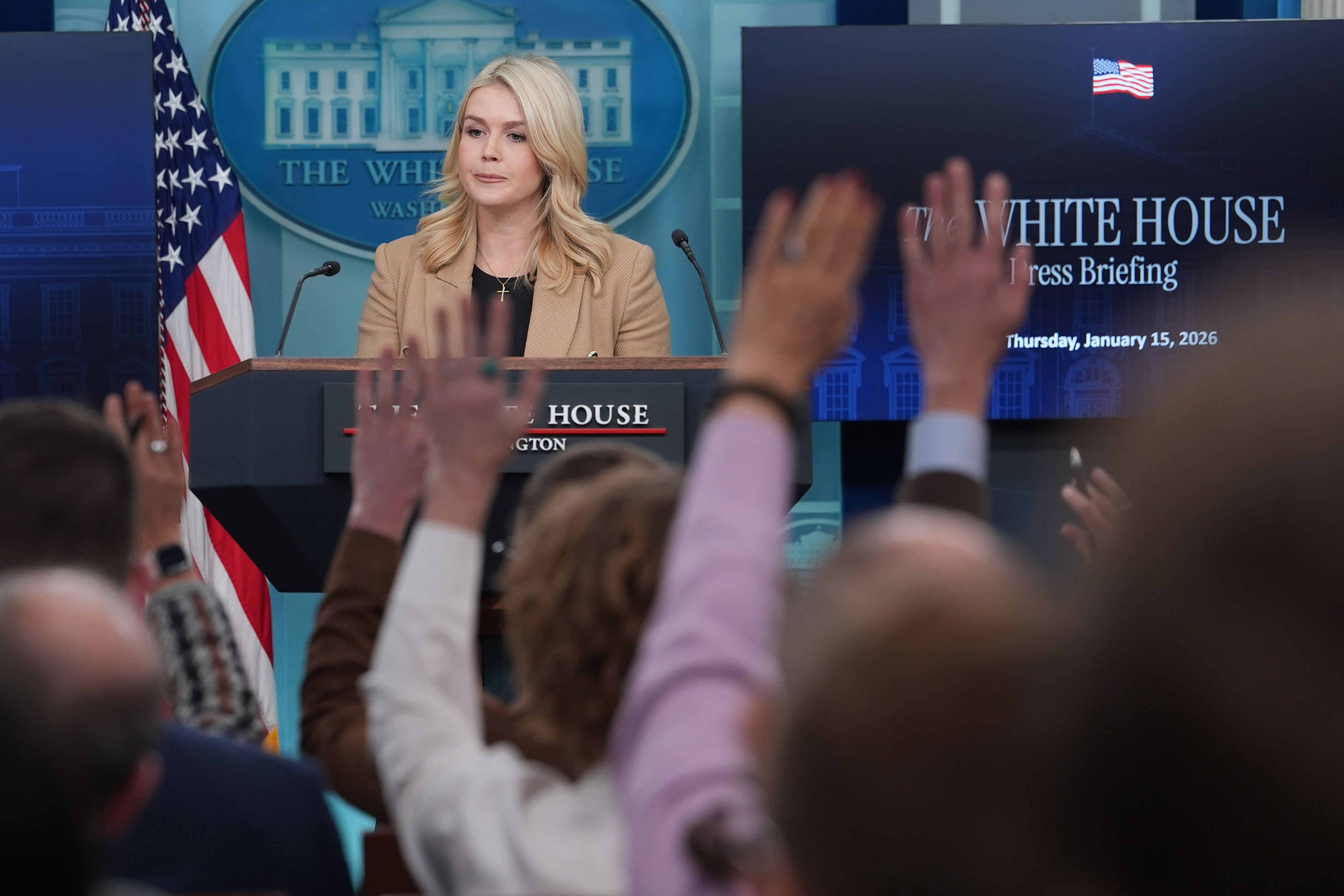 White House press secretary Karoline Leavitt speaks with reporters in the James Brady Press Briefing Room at the White House, Thursday, Jan. 15, 2026, in Washington.
