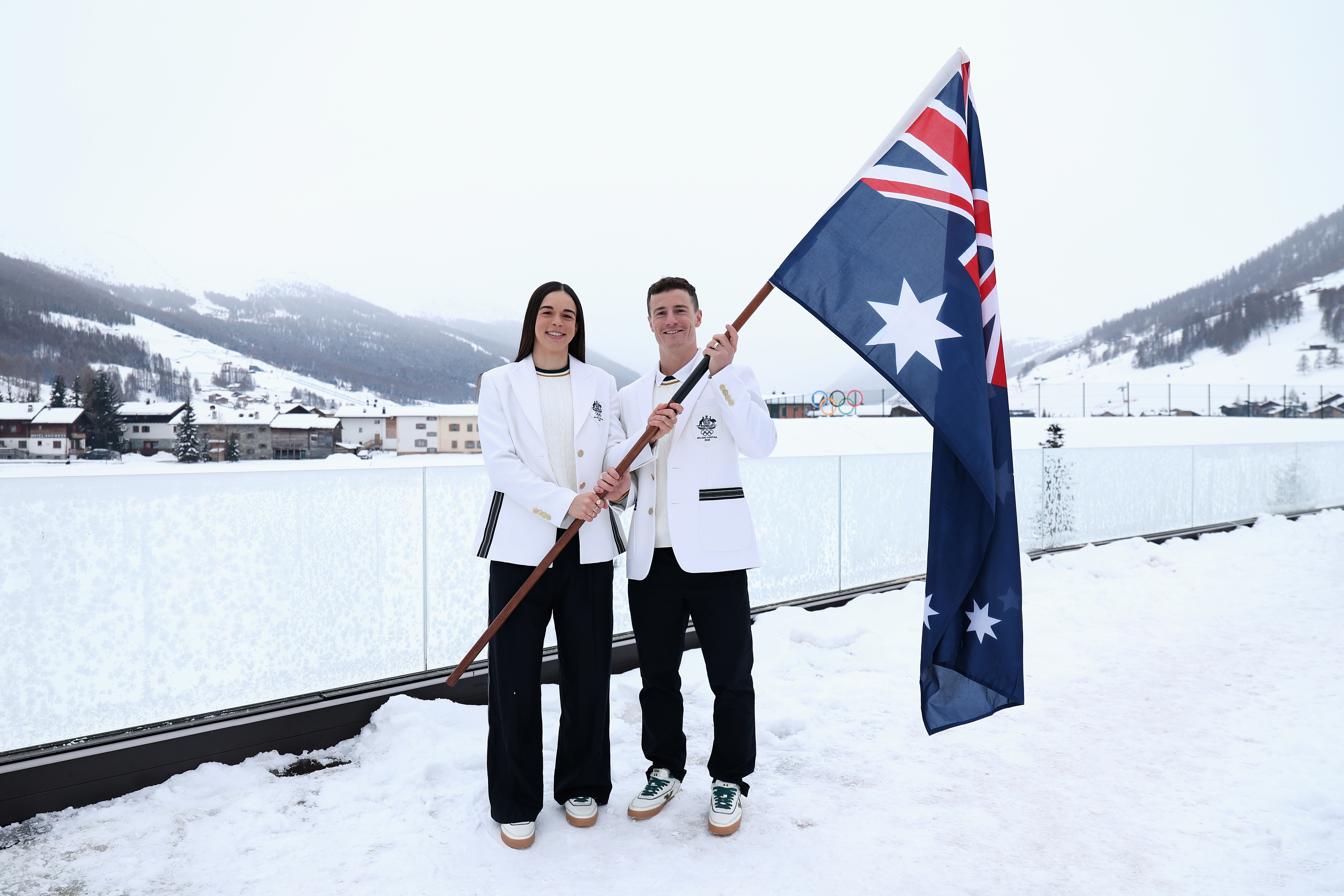 LIVIGNO, ITALY - FEBRUARY 04: Milano Cortina 2026 Winter Olympics Australian flag bearers Jakara Anthony and Matt Graham pose during an Australian Olympic team function at Casa Italia on February 04, 2026 in Livigno, Italy.  (Photo by Cameron Spencer/Getty Images)