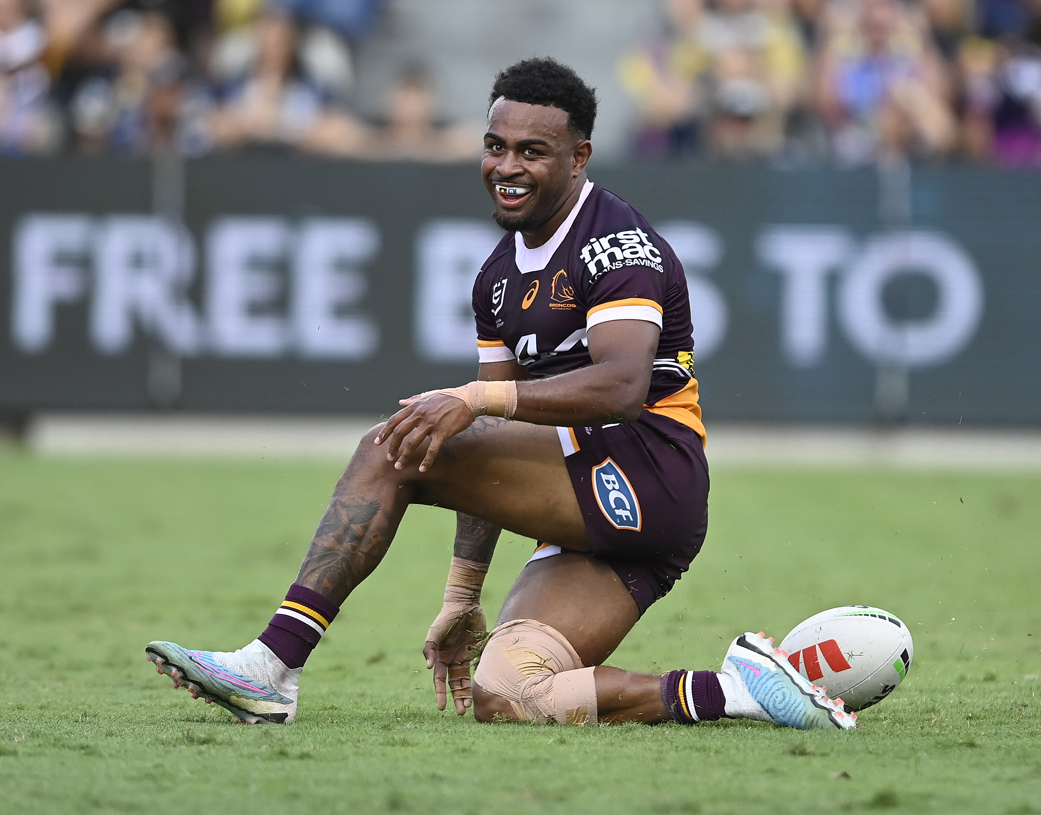 Ezra Mam of The Broncos celebrates after scoring a try during the round 23 NRL match between North Queensland Cowboys and Brisbane Broncos at Qld Country Bank Stadium on August 05, 2023 in Townsville, Australia. (Photo by Ian Hitchcock/Getty Images)