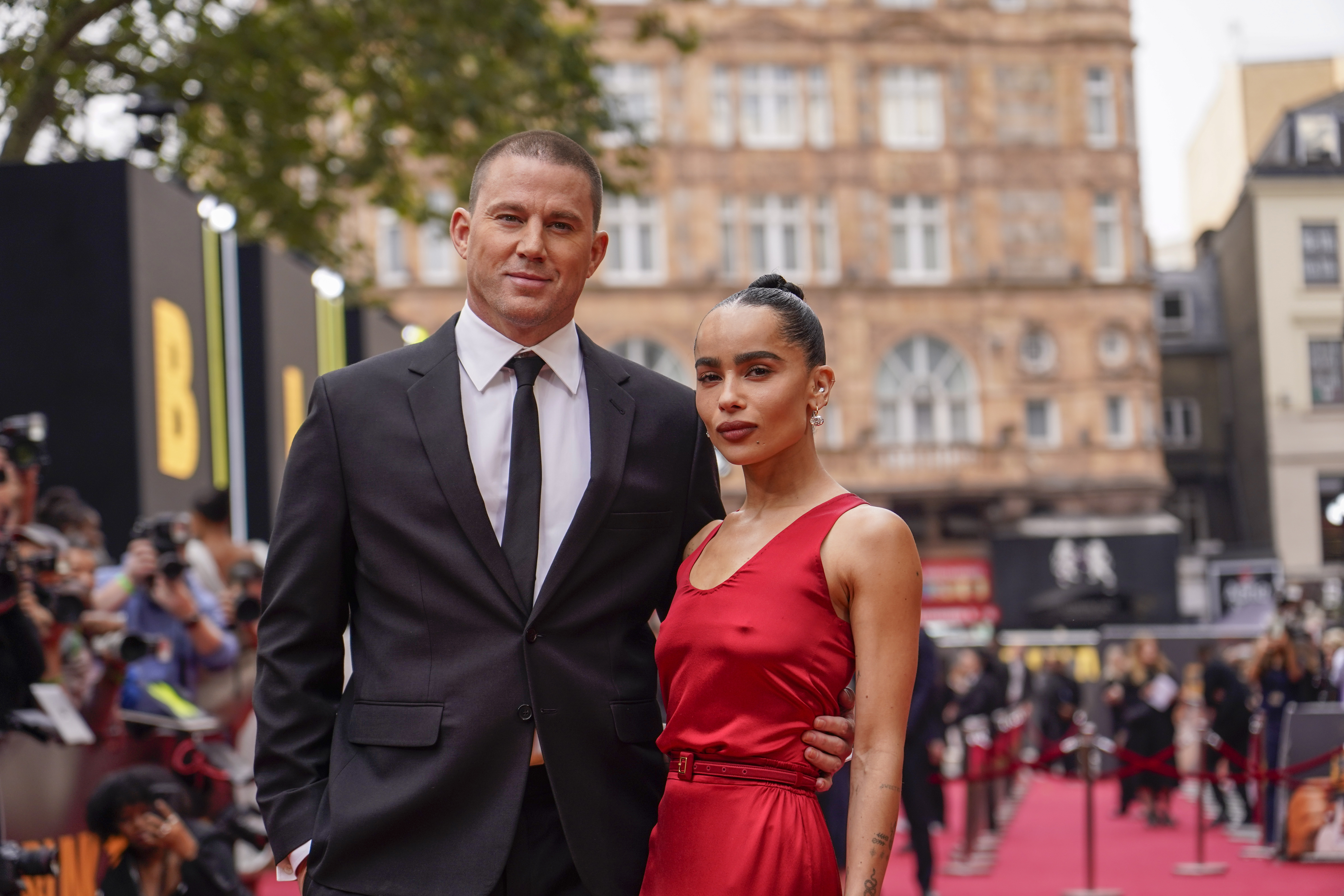 Channing Tatum and Zoe Kravitz pose for photographs at the Blink Twice premiere in London, Monday, Aug. 19, 2024. (Photo by Alberto Pezzali/Invision/AP)