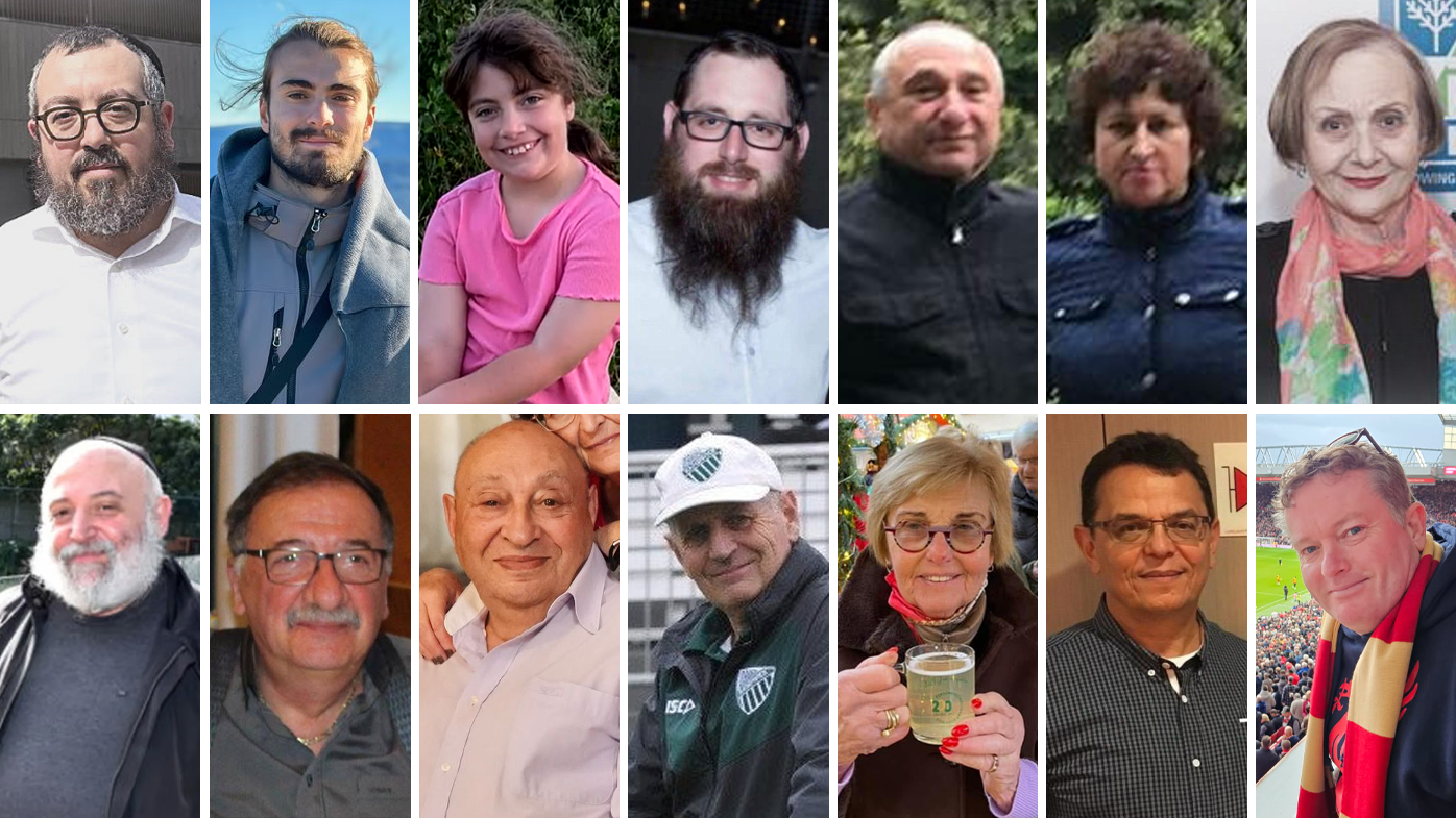 Fourteen of the victims of the Bondi attack (clockwise from top left): Rabbi Eli Schlanger, Dan Elkayam, Matilda, Rabbi Yaakov Levitan, Boris and Sofia Gurman, Edith Brutman, Adam Smyth, Boris Tetleroyd, Marika Pogany, Peter Meagher, Alex Kleytman, Tibor Weitzen, Reuven Morrison.