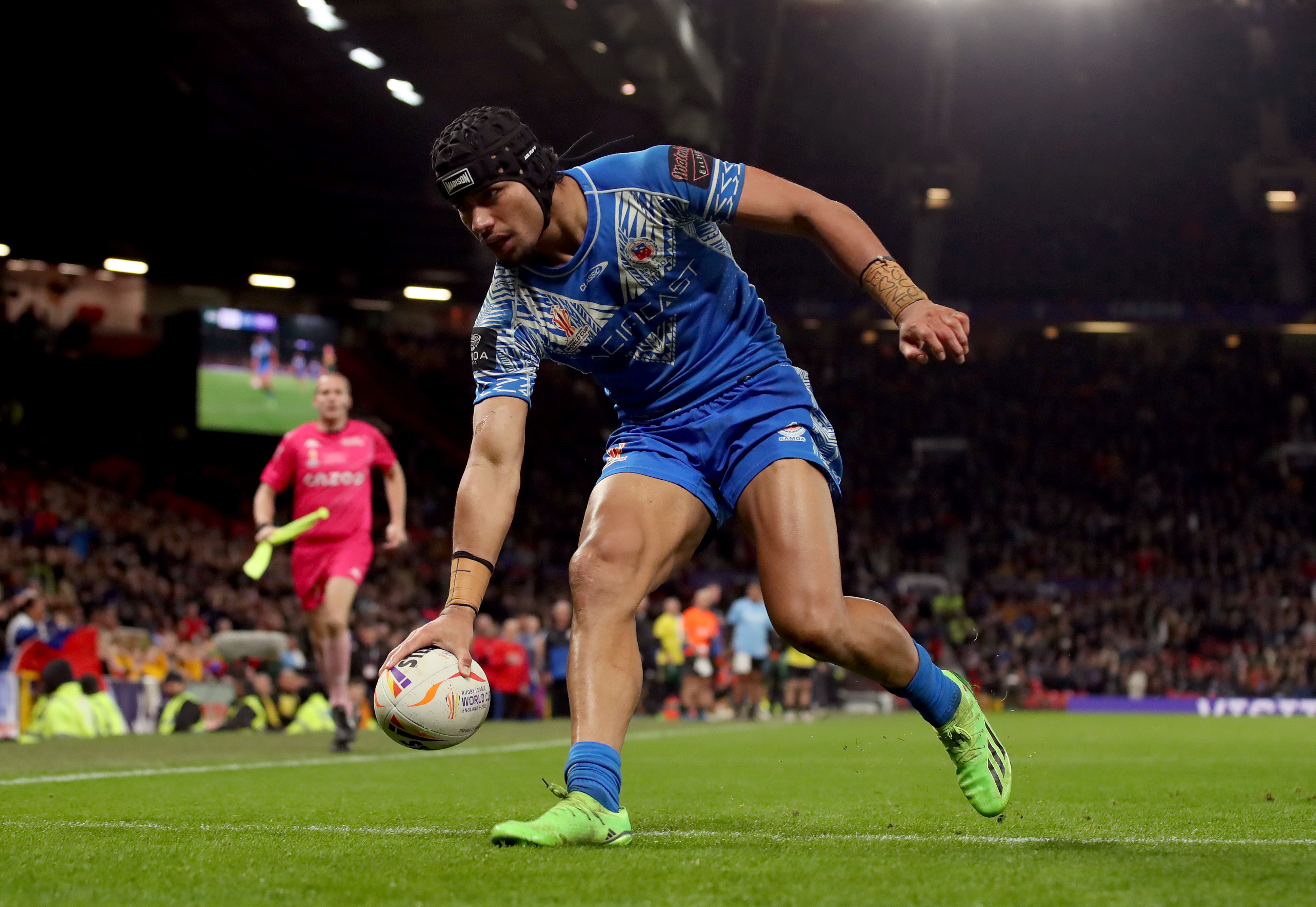 Stephen Crichton of Samoa touches down for their team's second try during the Rugby League World Cup Final match between Australia and Samoa at Old Trafford on November 19, 2022 in Manchester, England. (Photo by Jan Kruger/Getty Images for RLWC)