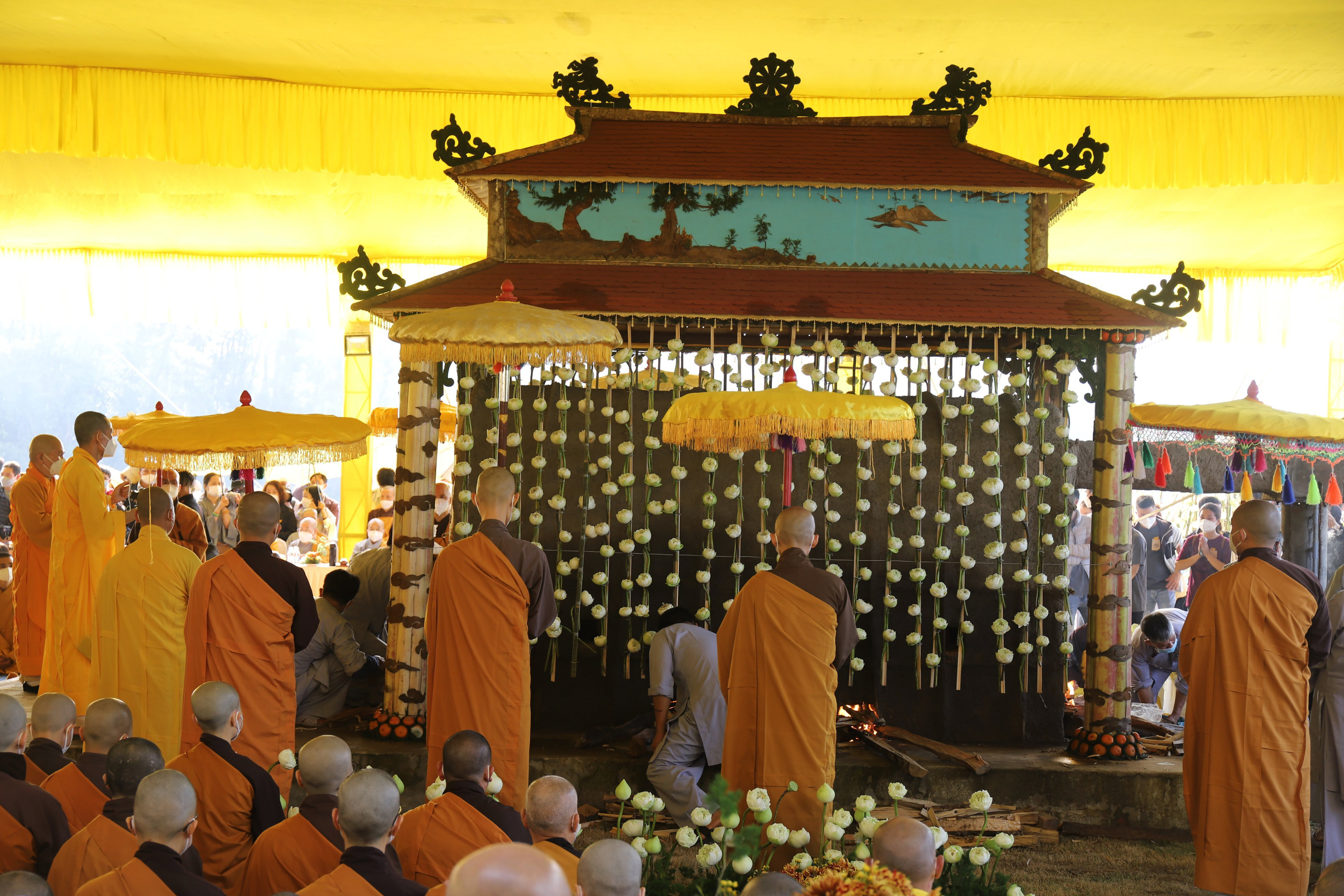 Buddhist monks attend the cremation of Thich Nhat Hanh in Hue, Vietnam.