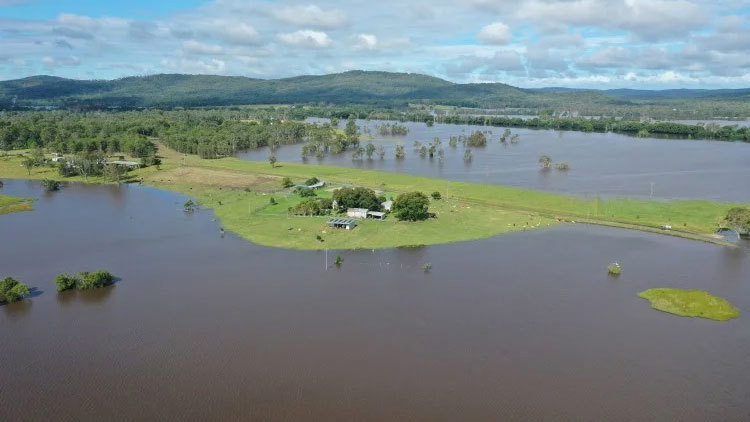 Peter Lake's farm at Ulmarra during floods in 2022.