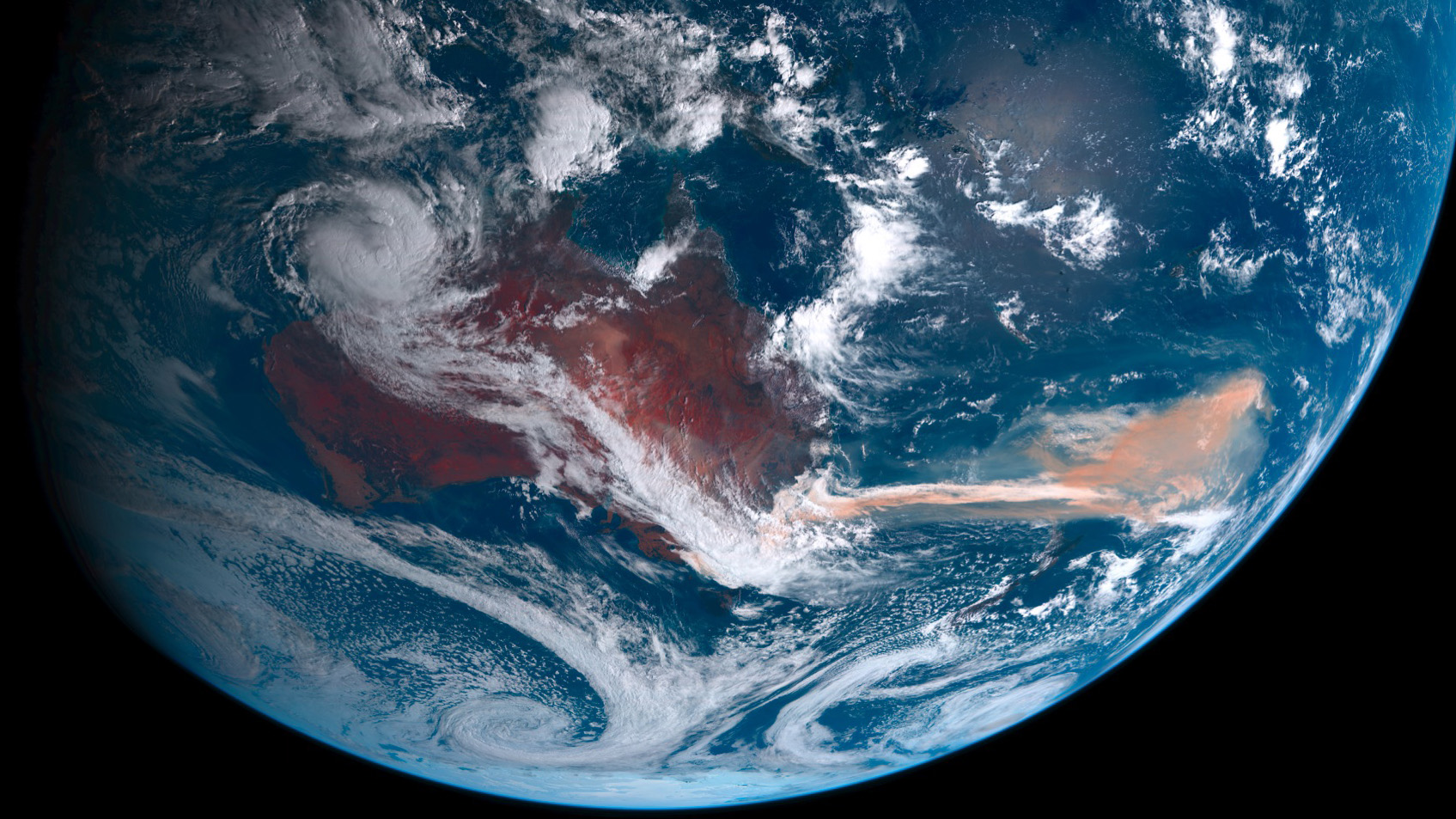 Himawari-8 satellite image showing smoke from January 2020 bushfires stretching over the South Pacific. 