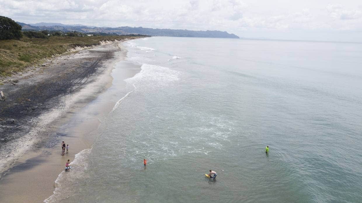 Waihī Beach and Bowentown in the Coromandel have had an increase of shark sightings since a woman was killed by a shark at Waihī Beach in January last year. Drone photos looking north, taken from the south end of the beach.