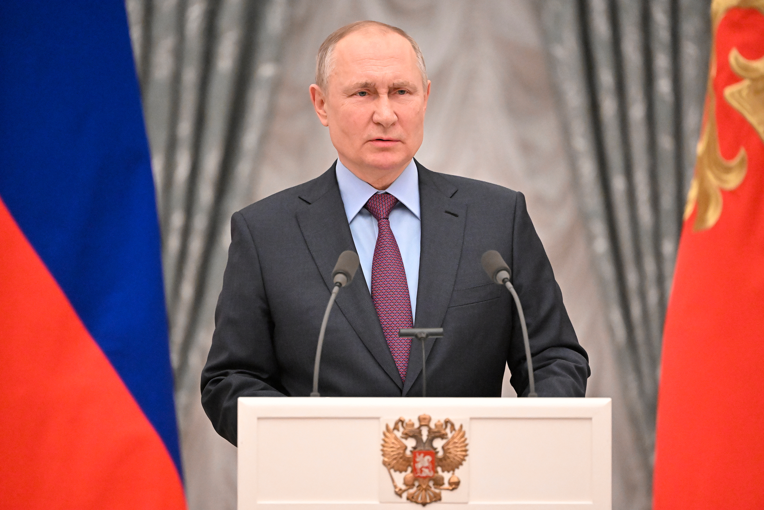 Russian President Vladimir Putin talks to the media during a news conference following his meeting with Azerbaijani President Ilham Aliyev at the Kremlin in Moscow, Russia. Sergey Guneev / Sputnik  via AP