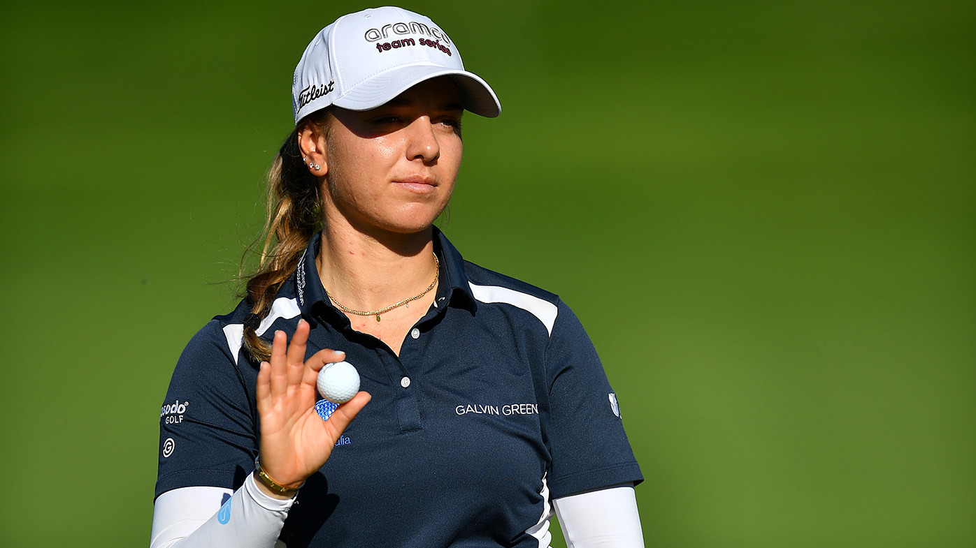 Stephanie Kyriacou of Australia reacts during the third round of the Amundi Evian Championship at Evian Resort Golf Club on July 13, 2024 in Evian-les-Bains, France. (Photo by Valerio Pennicino/Getty Images)