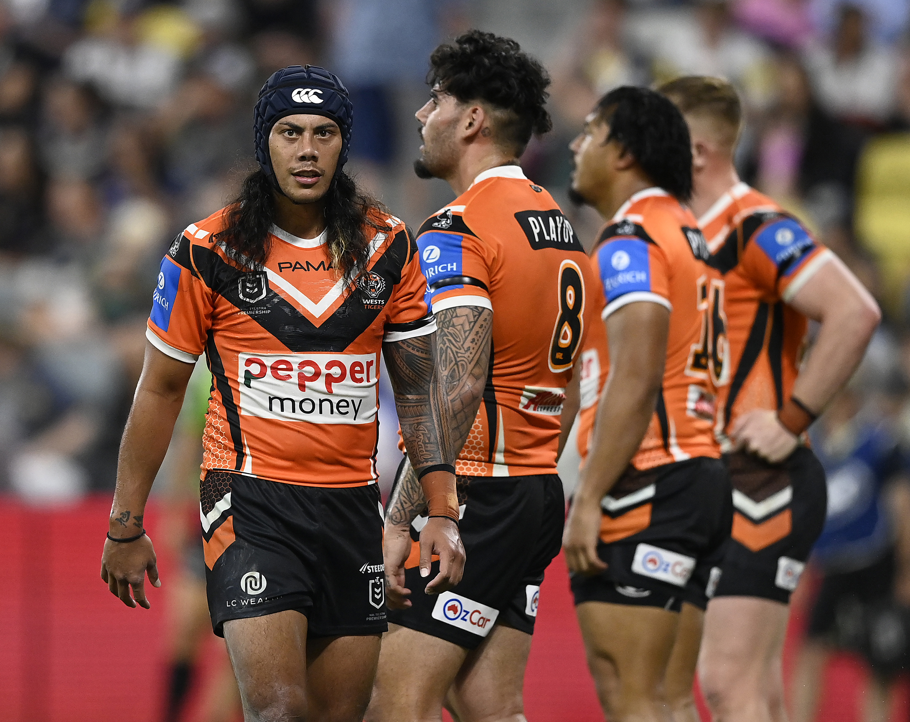 TOWNSVILLE, AUSTRALIA - MAY 31: Jarome Luai of the Tigers looks on during the round 13 NRL match between North Queensland Cowboys and Wests Tigers at Queensland Country Bank Stadium on May 31, 2025, in Townsville, Australia. (Photo by Ian Hitchcock/Getty Images)